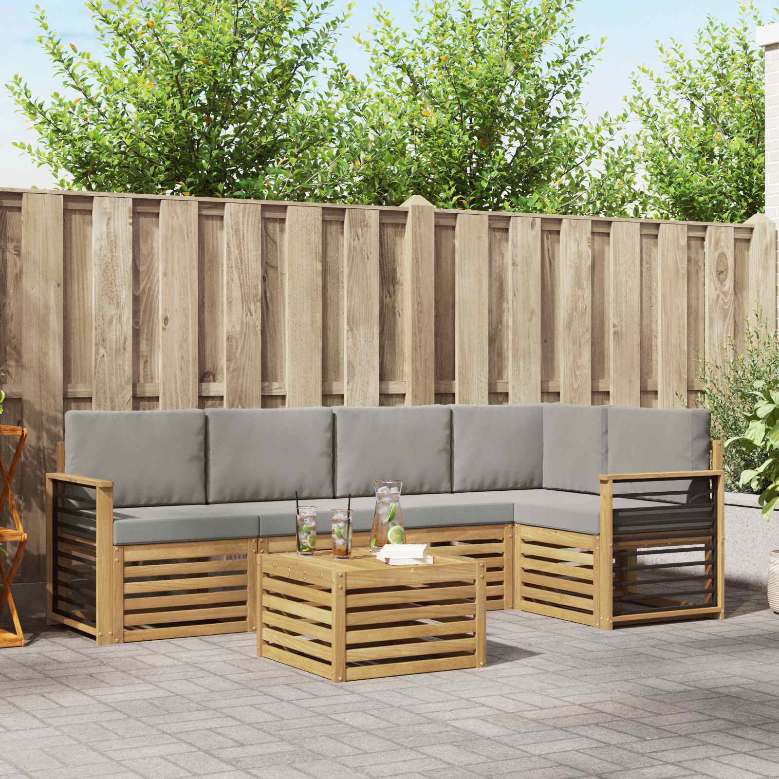 Outdoor-Sofagarnitur 6 stk. Weiß und Hellgrau Polyester