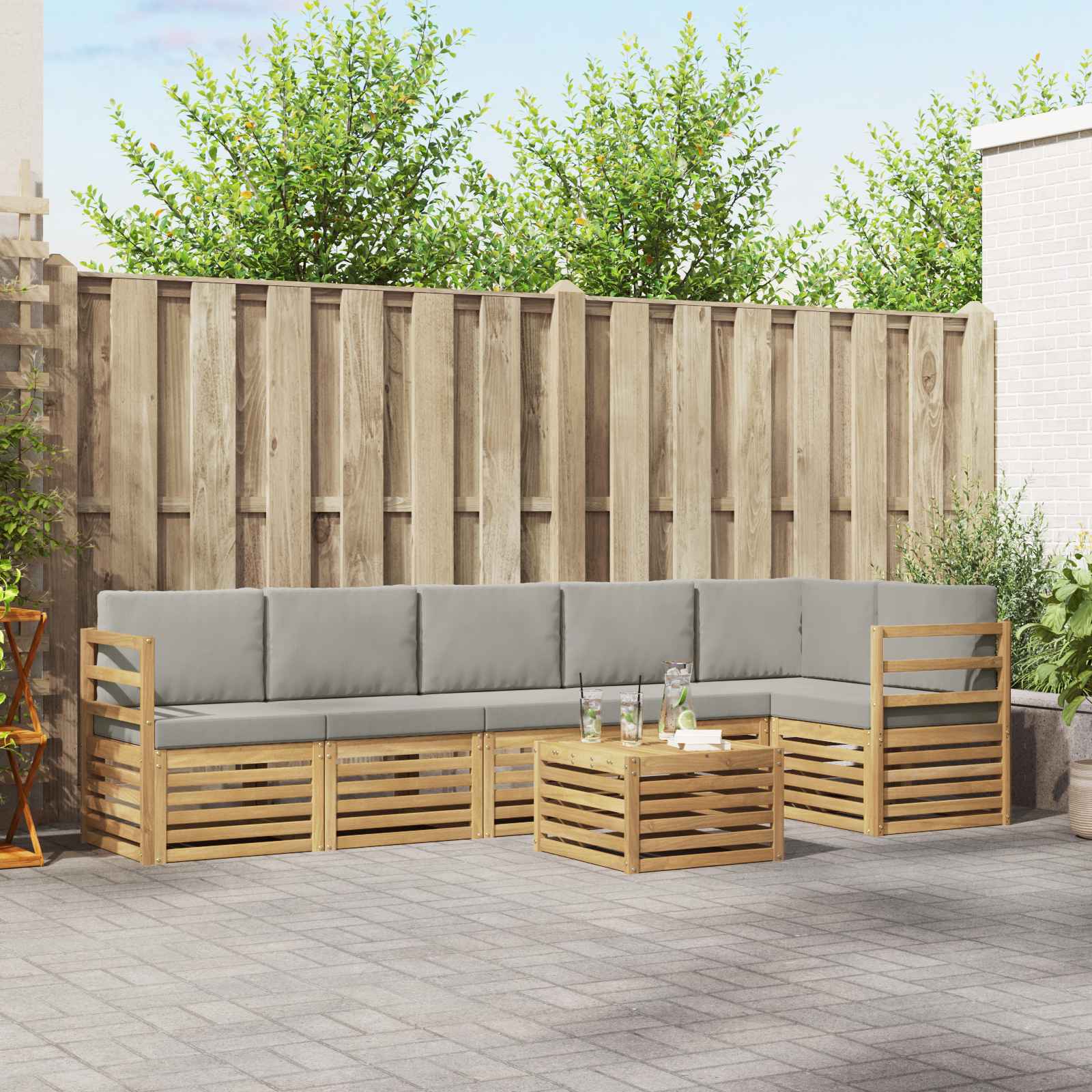 Outdoor-Sofagarnitur 7 stk. Weiß und Hellgrau Polyester