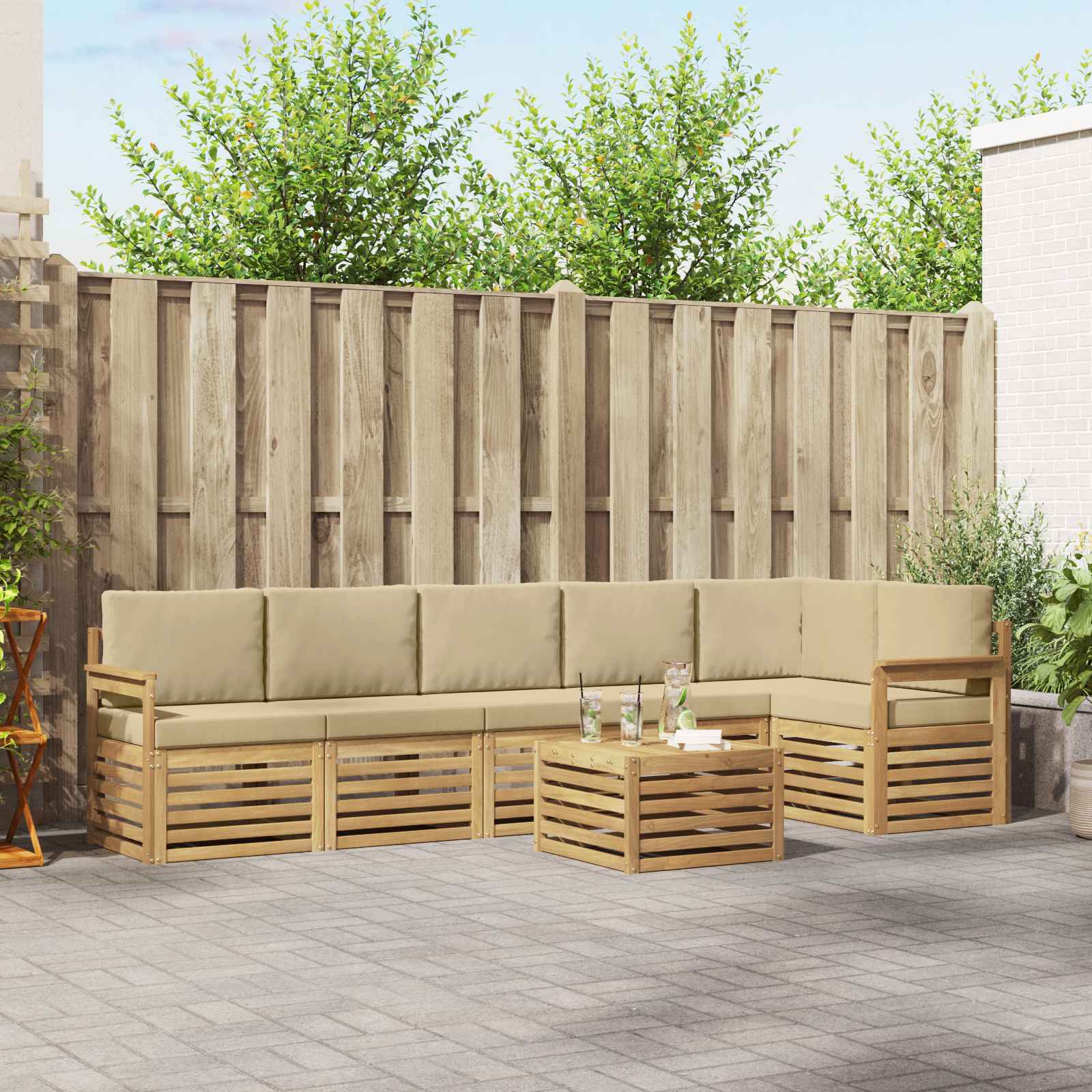 Outdoor-Sofagarnitur 7 stk. Weiß und Beige Polyester