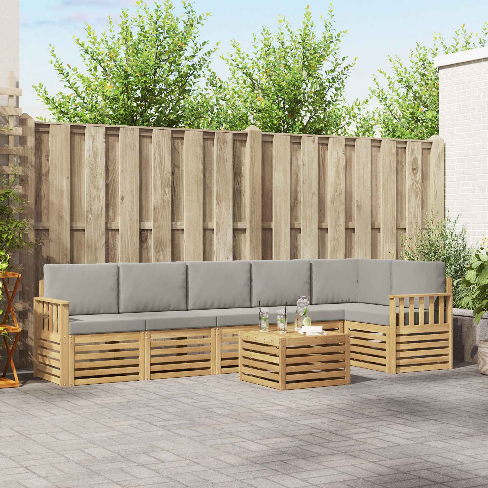 Outdoor-Sofagarnitur 7 stk. Weiß und Hellgrau Polyester