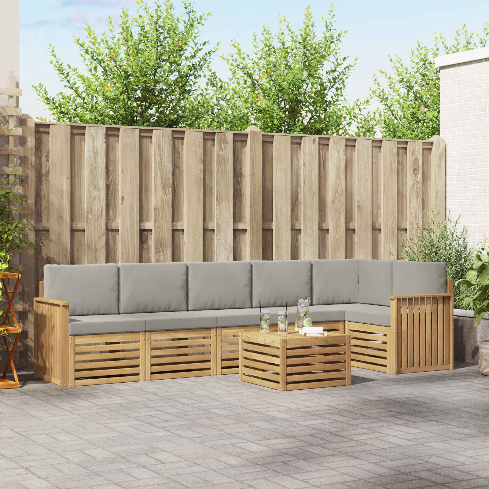 Outdoor-Sofagarnitur 7 stk. Weiß und Hellgrau Polyester