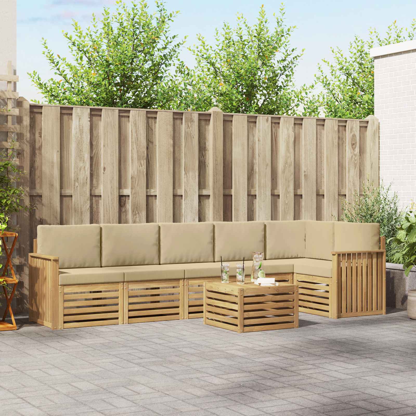 Outdoor-Sofagarnitur 7 stk. Weiß und Beige Polyester