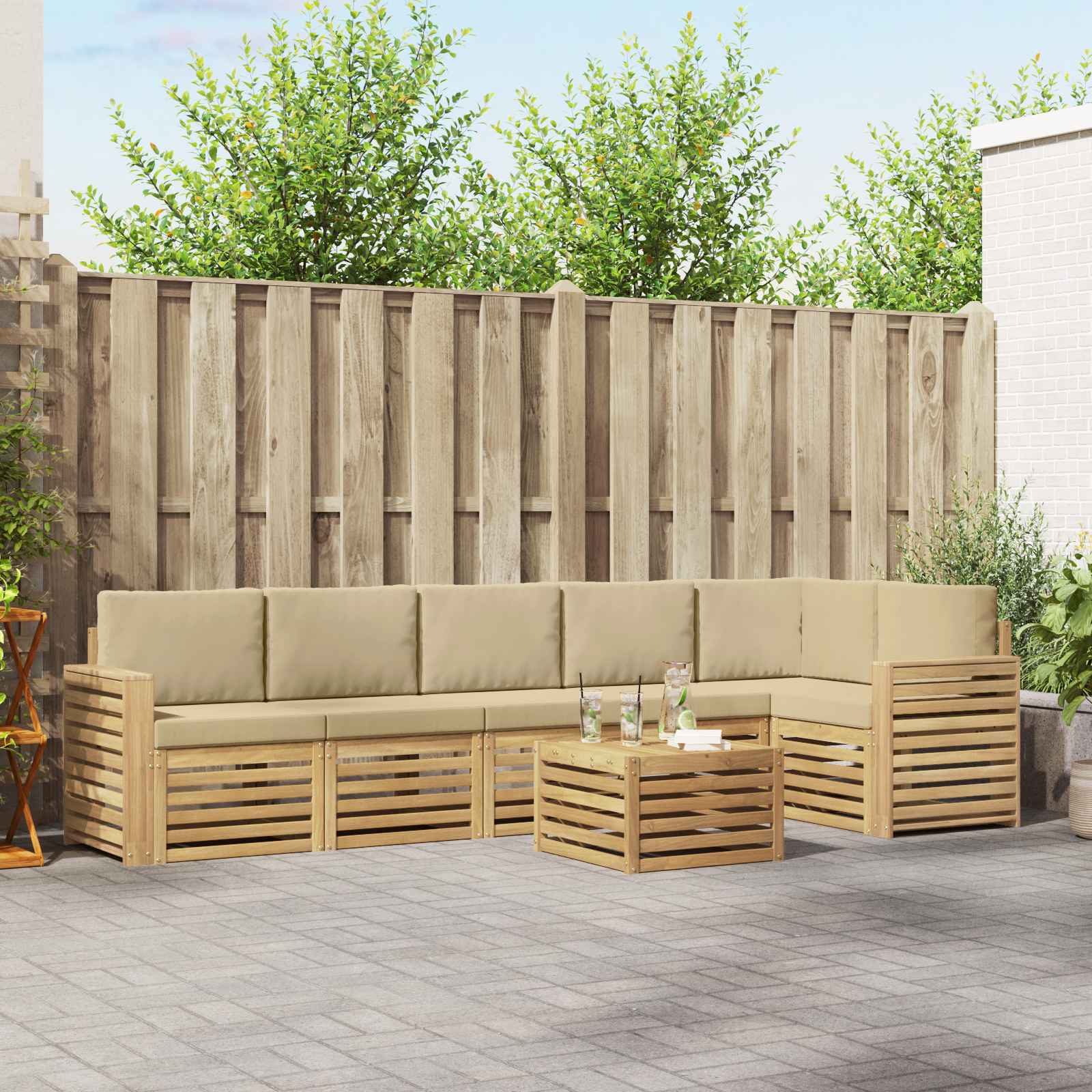 Outdoor-Sofagarnitur 7 stk. Weiß und Beige Polyester