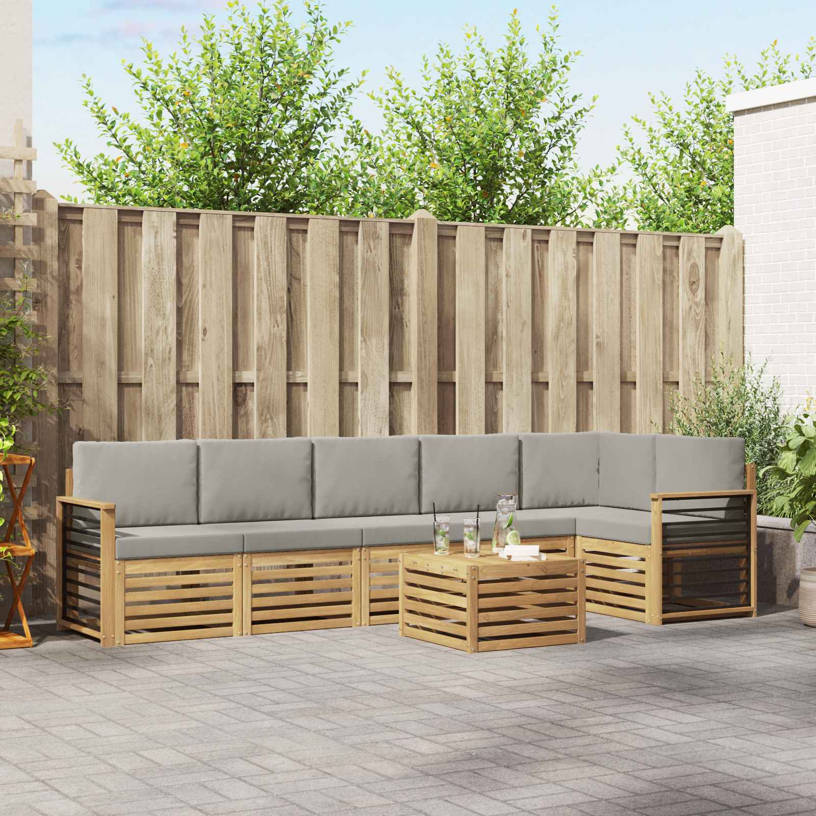 Outdoor-Sofagarnitur 7 stk. Weiß und Hellgrau Polyester