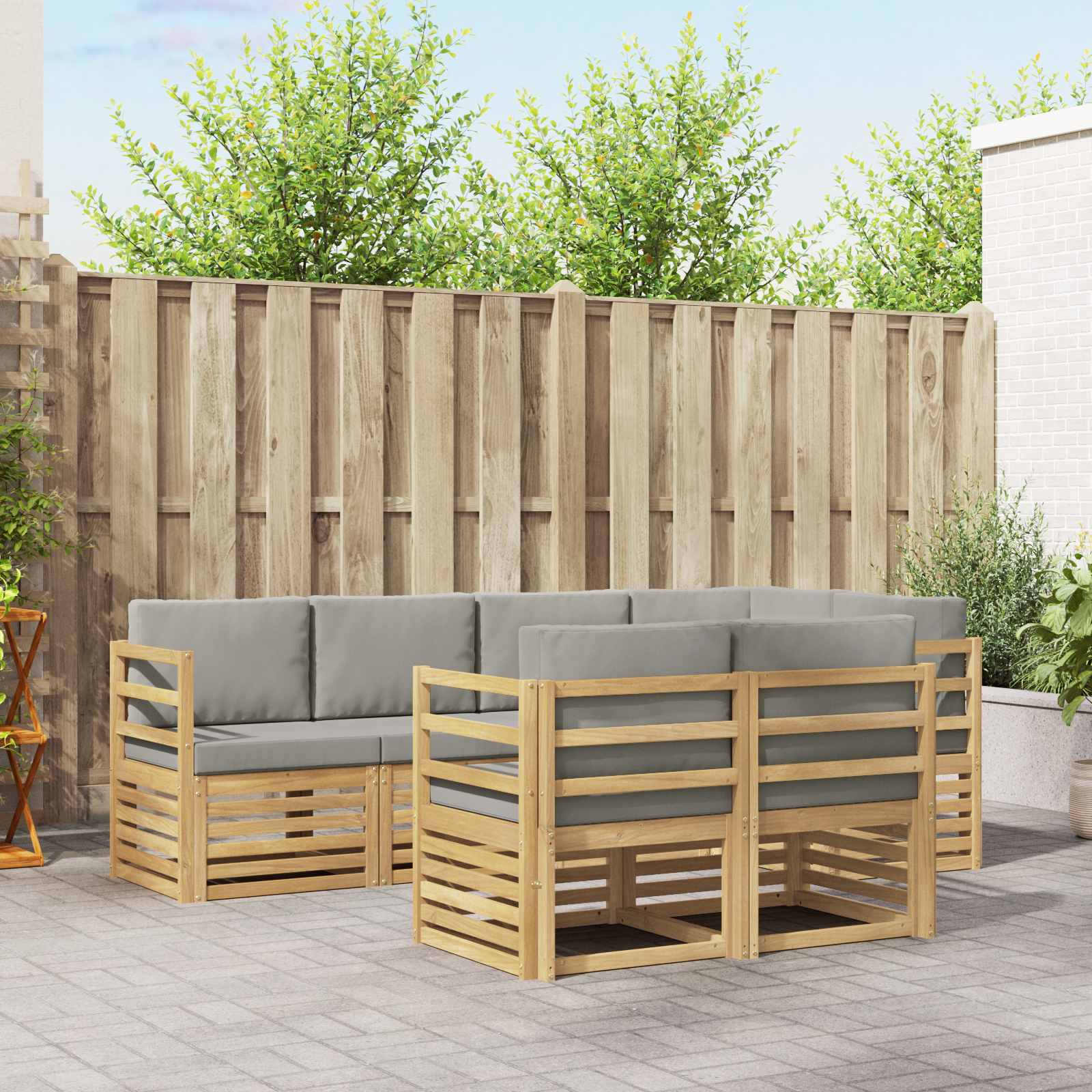 Outdoor-Sofagarnitur 7 stk. Weiß und Hellgrau Polyester