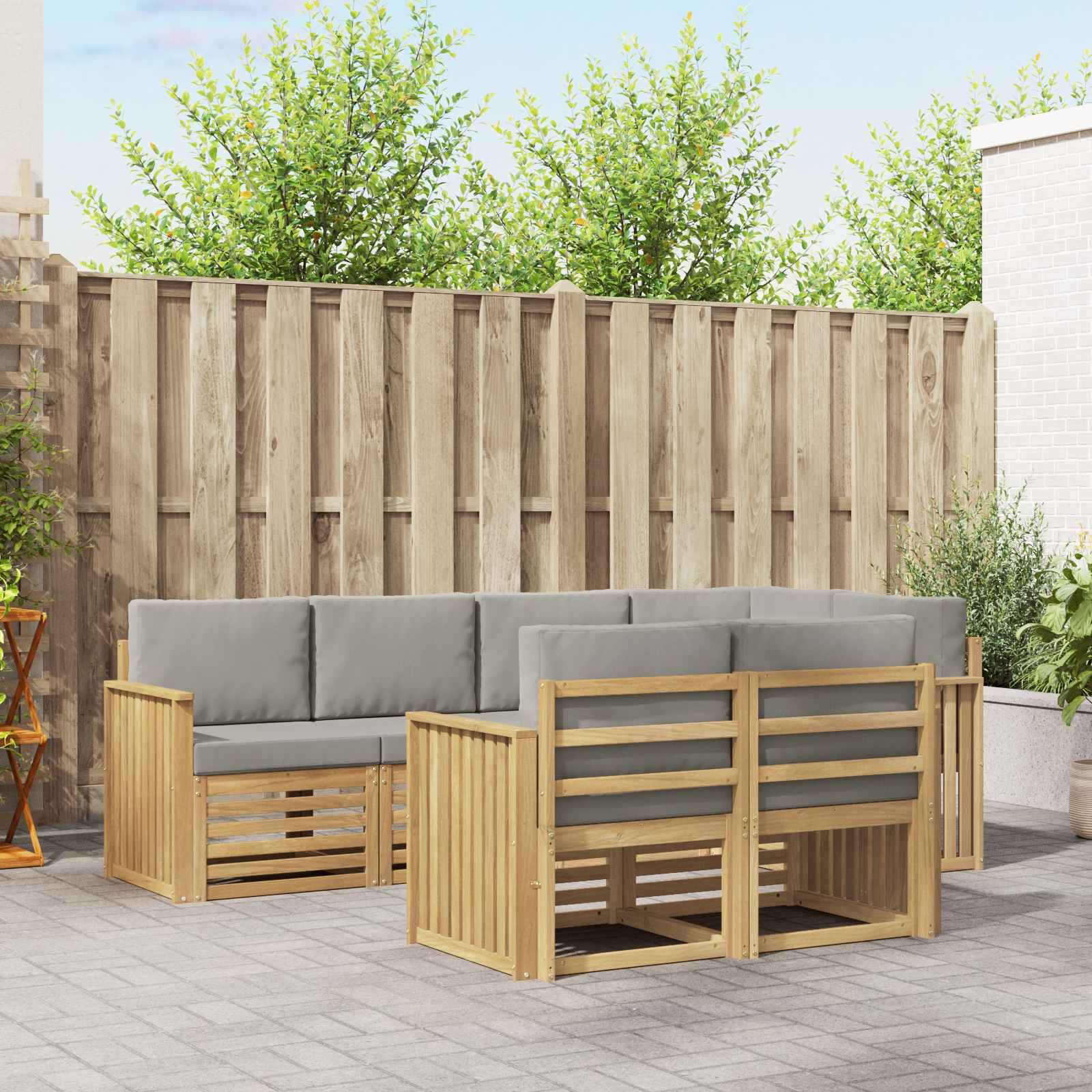 Outdoor-Sofagarnitur 7 stk. Weiß und Hellgrau Polyester