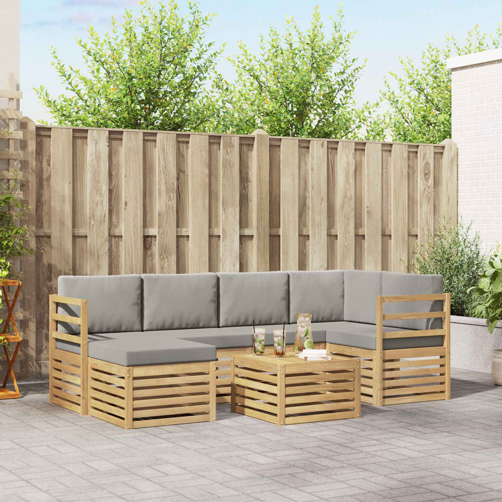 Outdoor-Sofagarnitur 7 stk. Weiß und Hellgrau Polyester