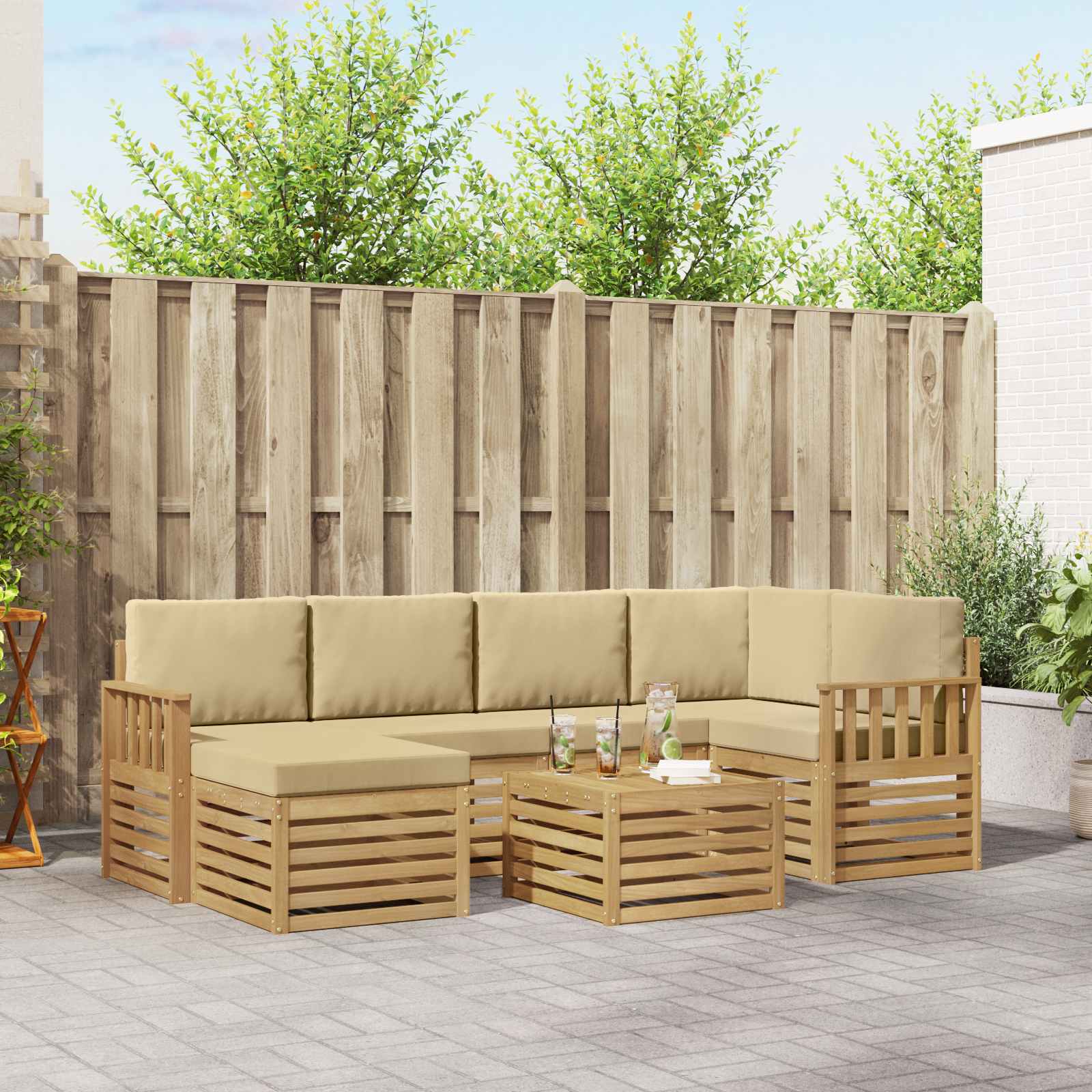 Outdoor-Sofagarnitur 7 stk. Weiß und Beige Polyester
