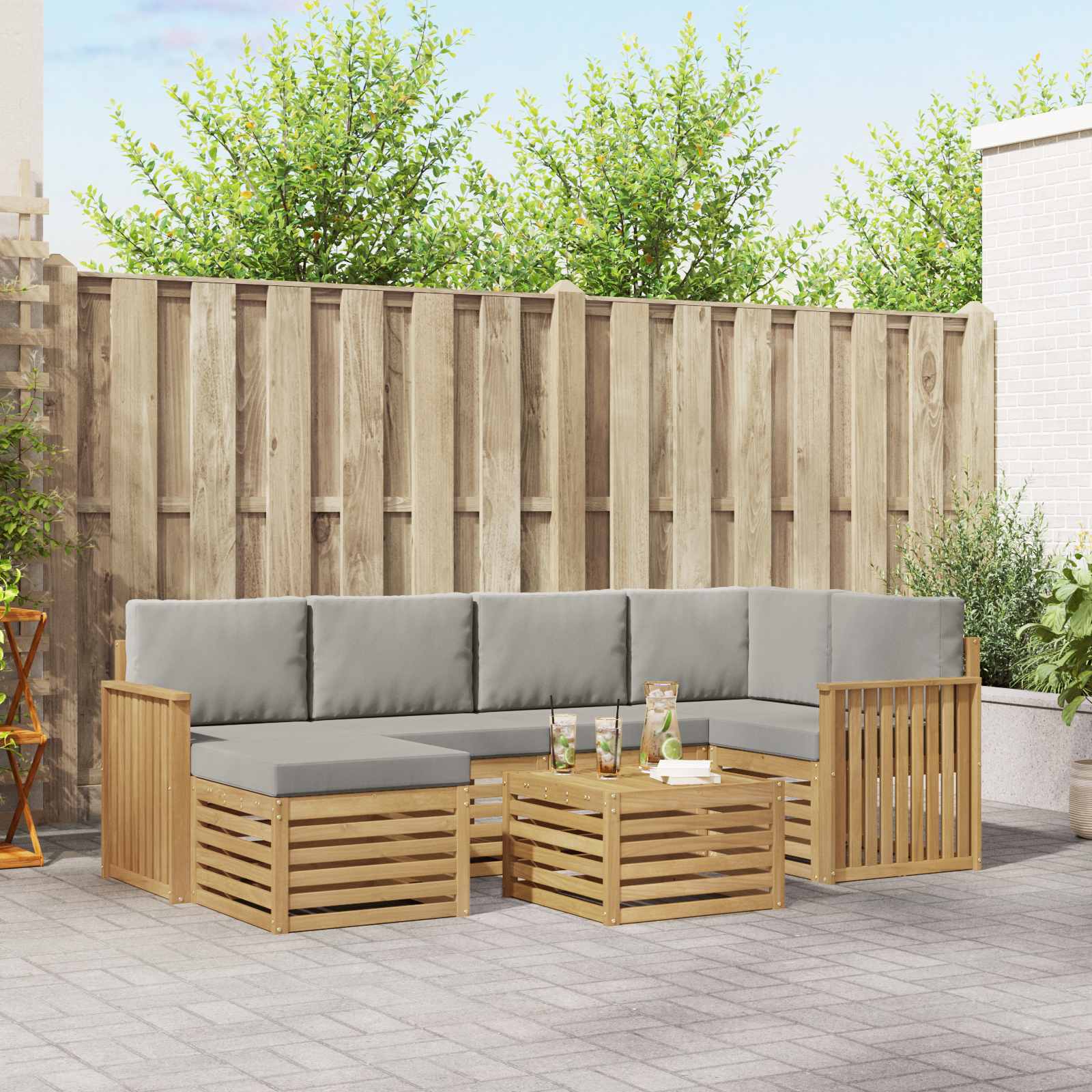 Outdoor-Sofagarnitur 7 stk. Weiß und Hellgrau Polyester