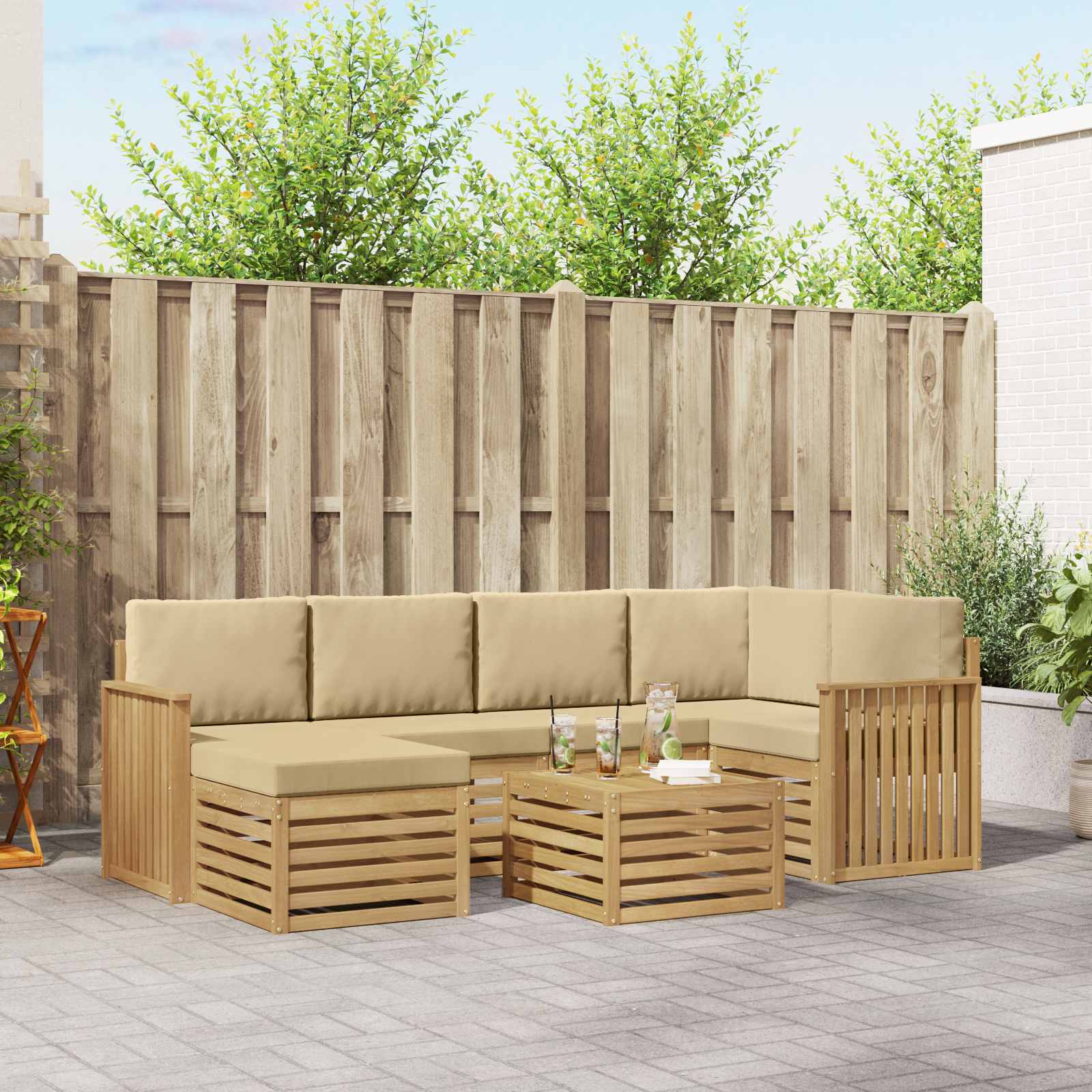 Outdoor-Sofagarnitur 7 stk. Weiß und Beige Polyester