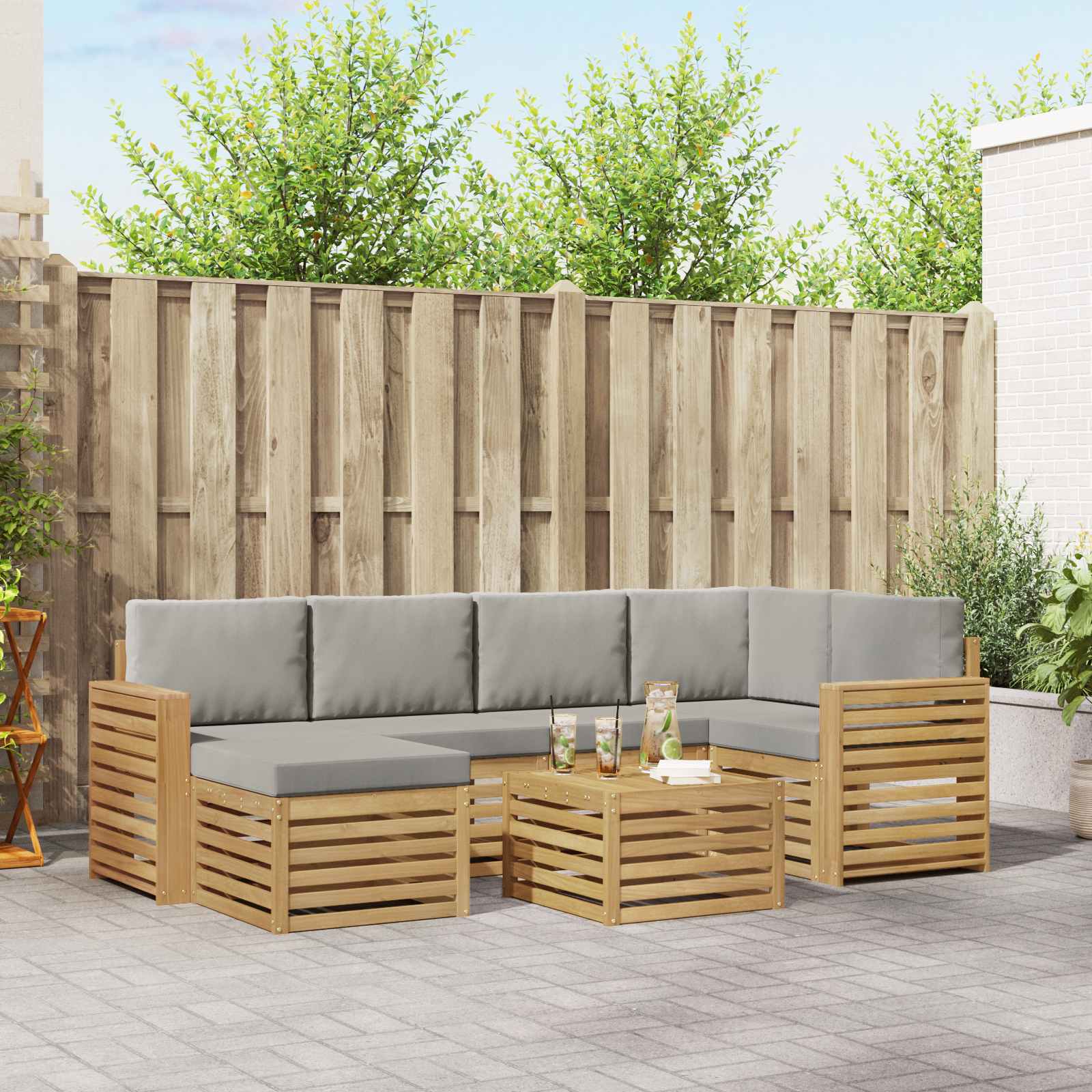 Outdoor-Sofagarnitur 7 stk. Weiß und Hellgrau Polyester