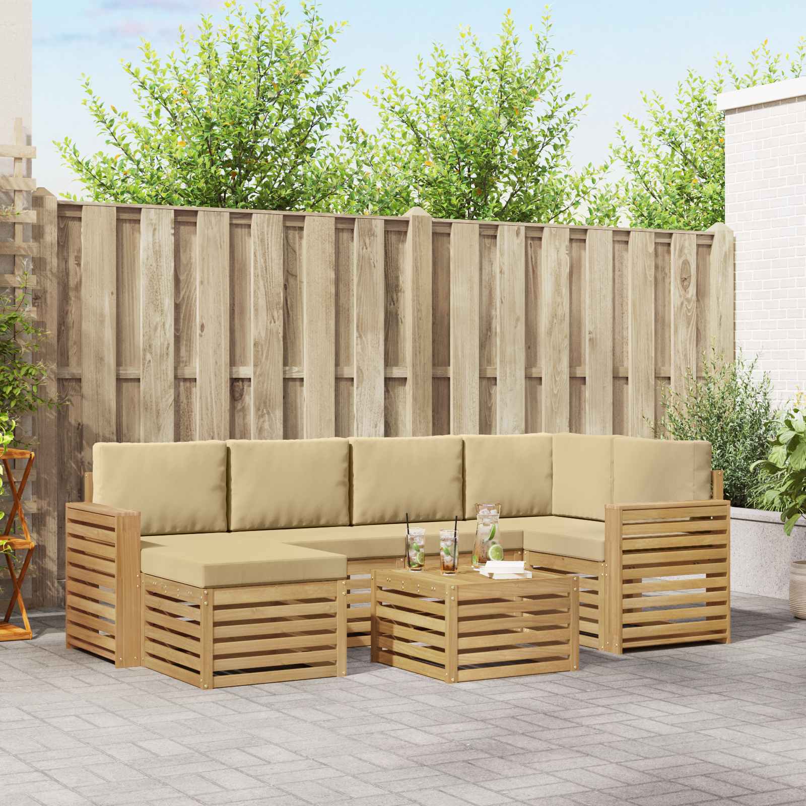 Outdoor-Sofagarnitur 7 stk. Weiß und Beige Polyester