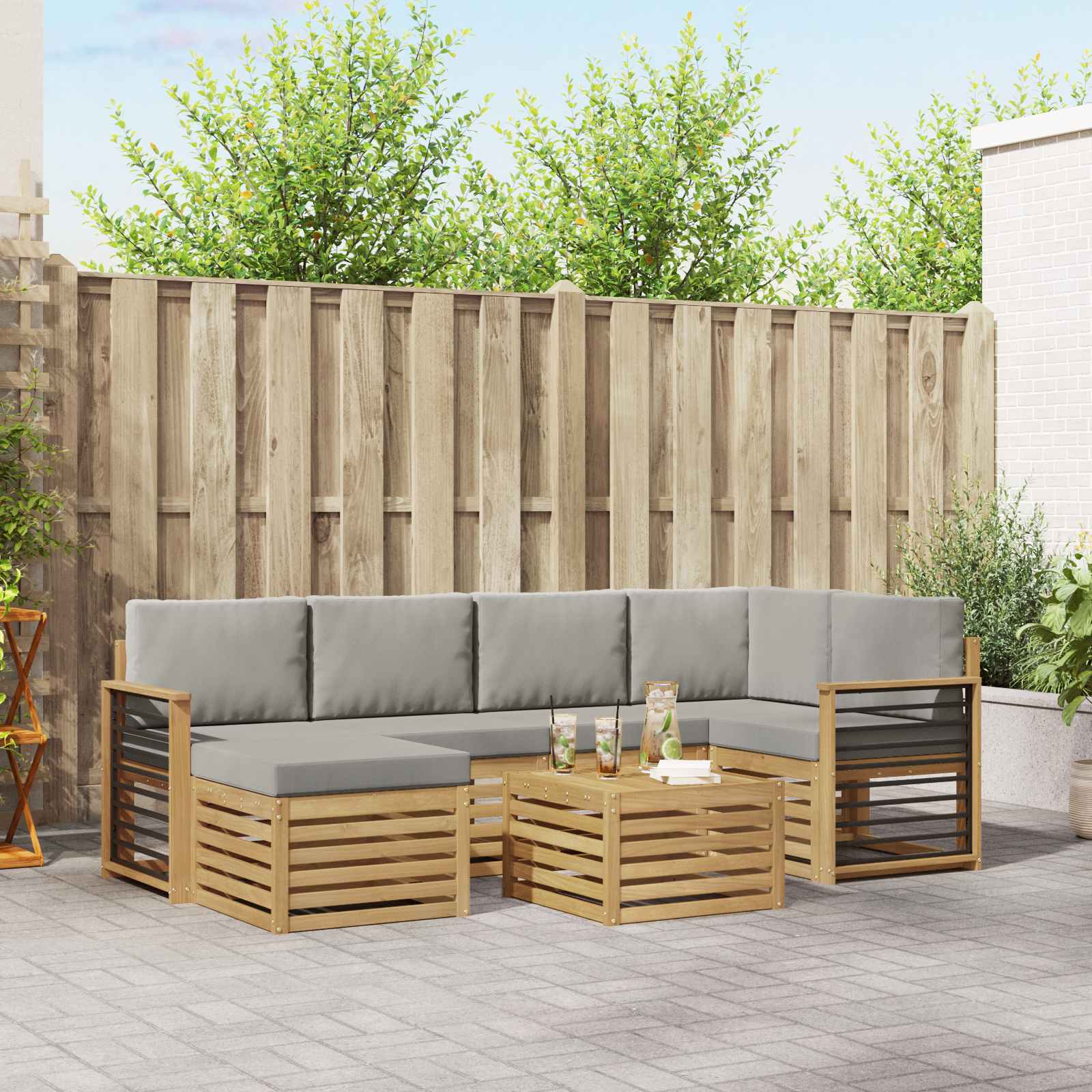 Outdoor-Sofagarnitur 7 stk. Weiß und Hellgrau Polyester