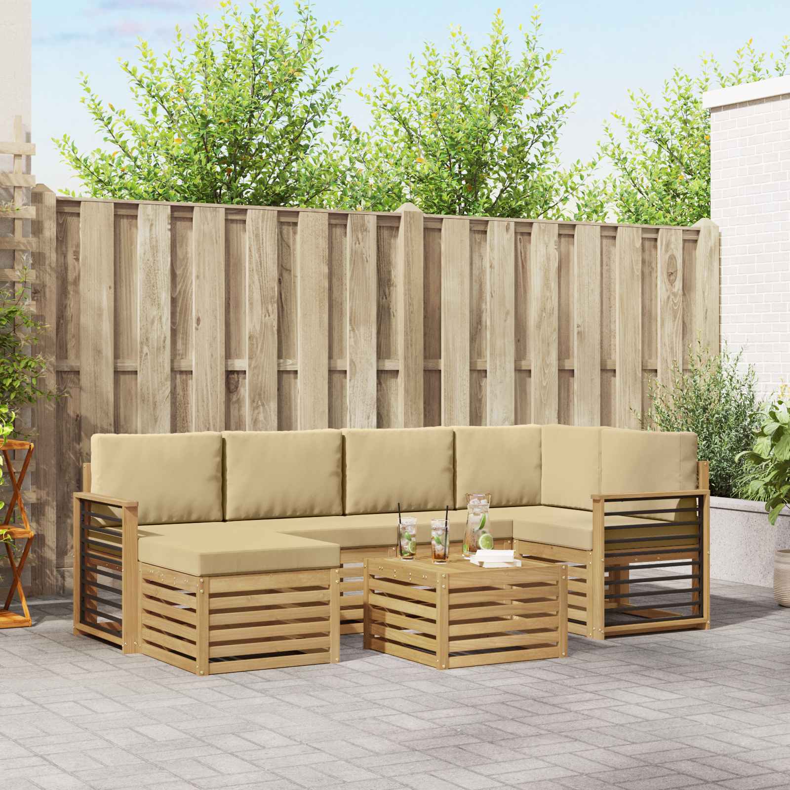 Outdoor-Sofagarnitur 7 stk. Weiß und Beige Polyester