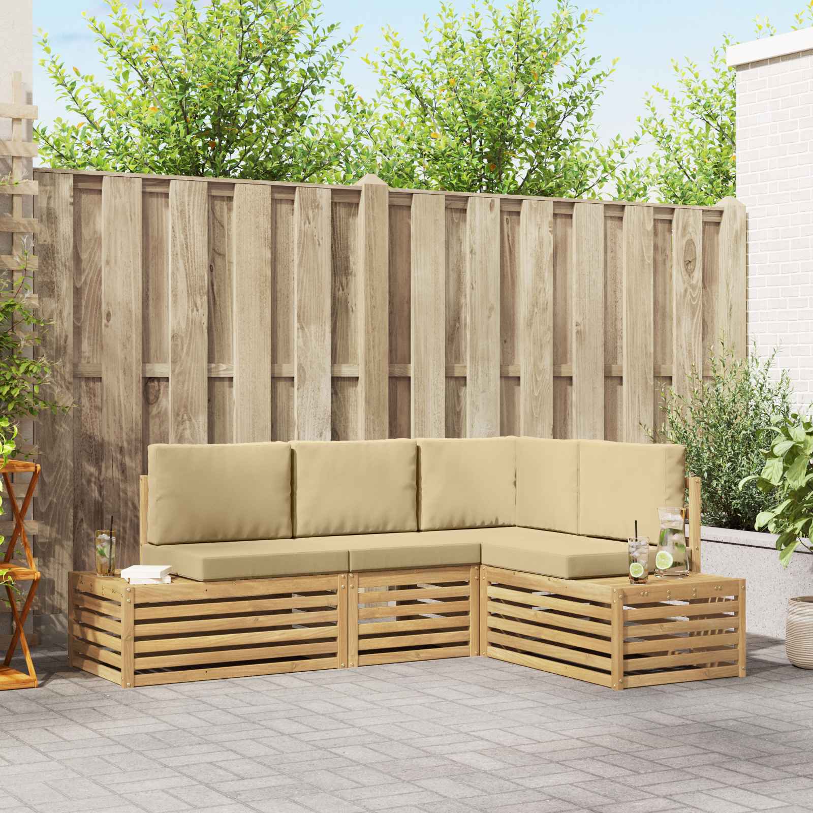 Outdoor-Sofagarnitur mit Kissen 4 Stück Weiß Massivholz Akazie