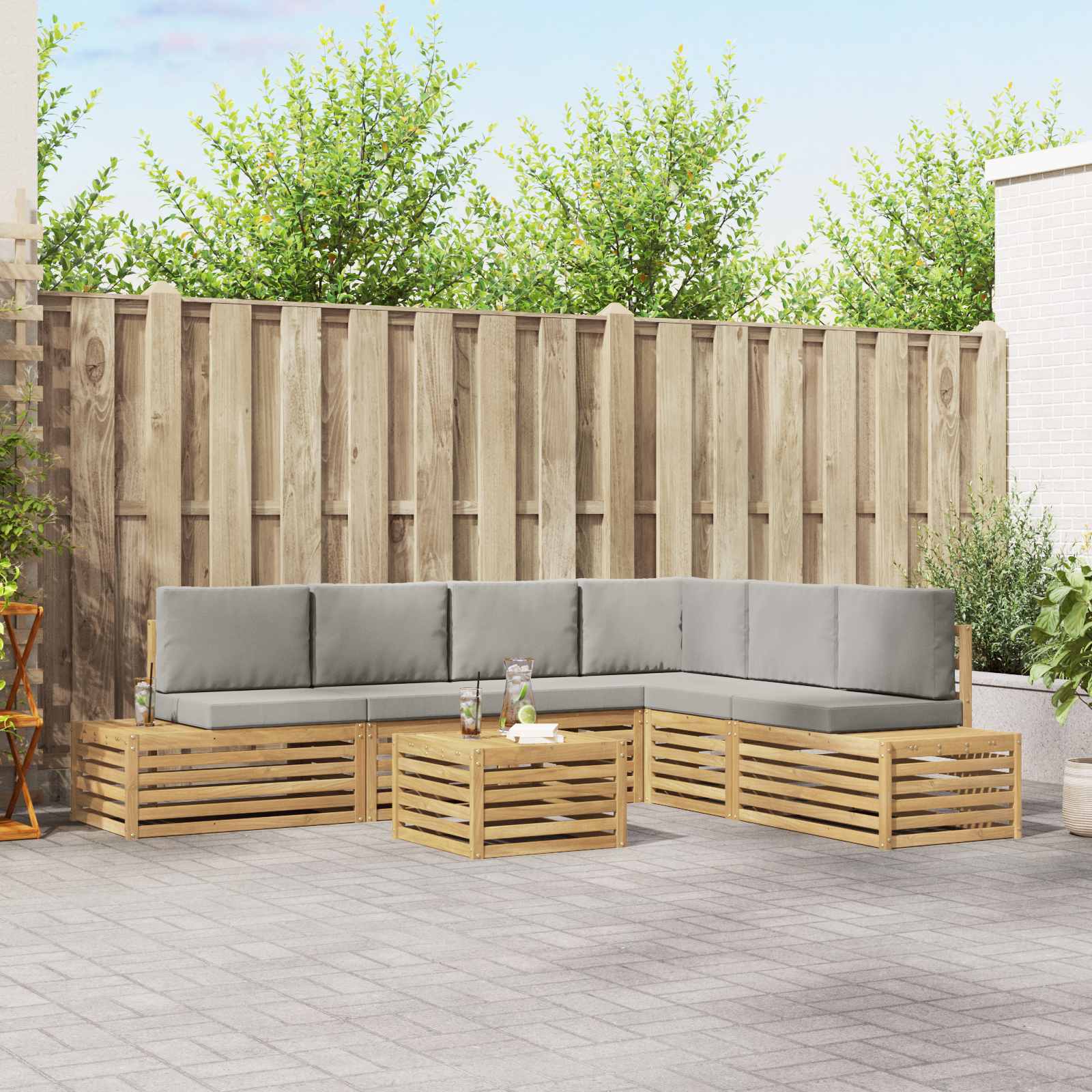 7 stk. Outdoor-Sofagarnitur Polyester Weiß und Hellgrau