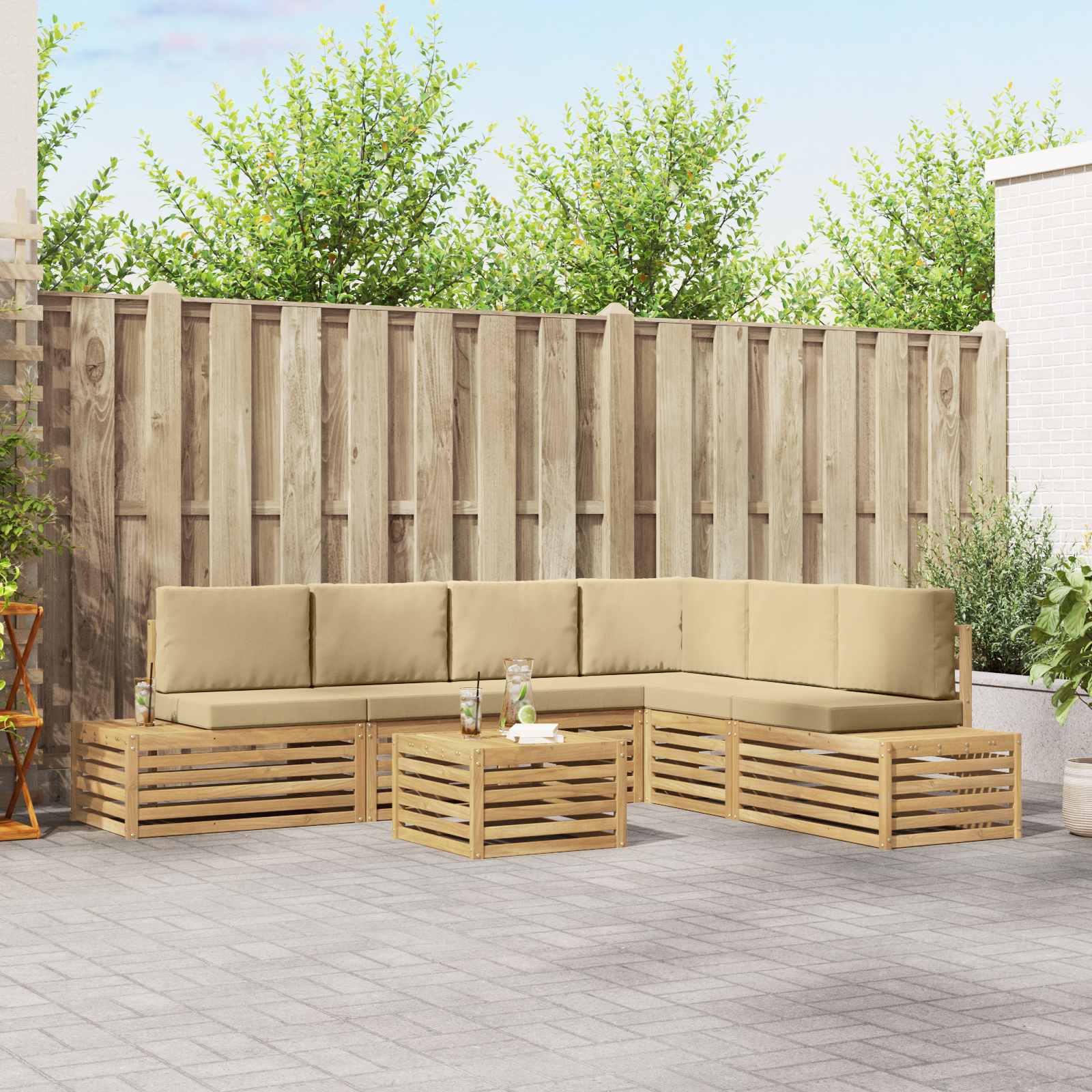 7 stk. Outdoor-Sofagarnitur Polyester Weiß und Beige