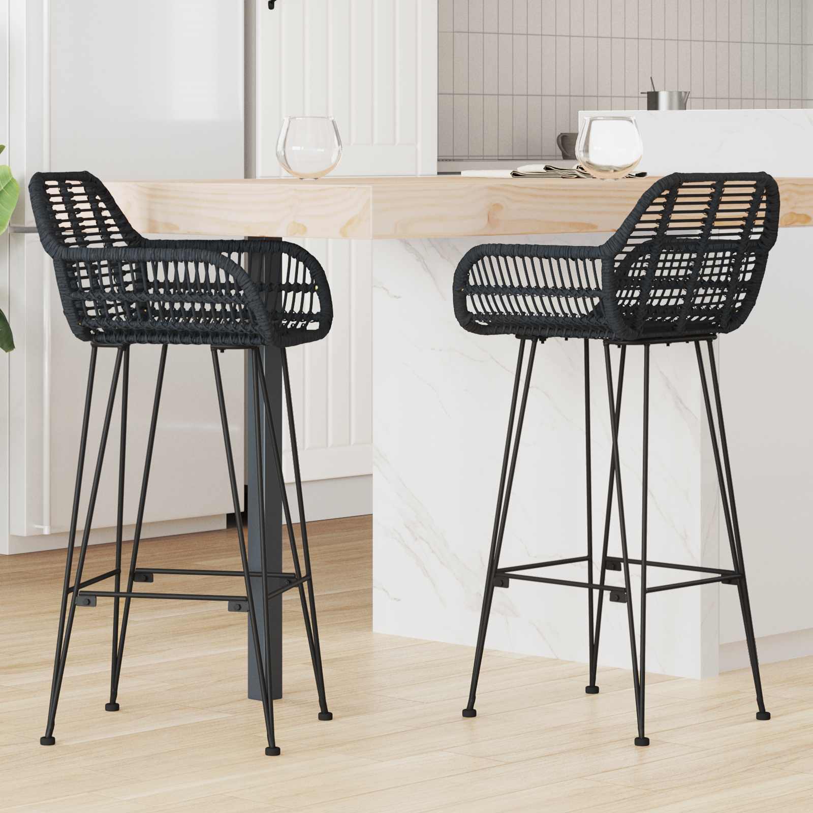 Barstuhl 2 stk. Schwarz 55 x 52 x 105 cm Rattan und Eisen