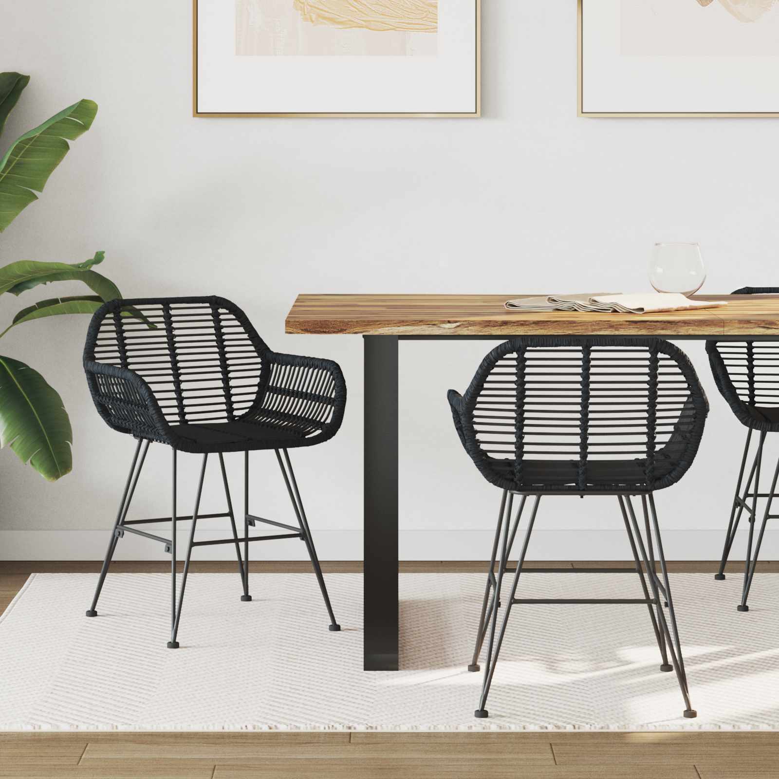 Esszimmerstuhl 2 stk. Rattan und Eisen Schwarz 55 x 50 x 74 cm