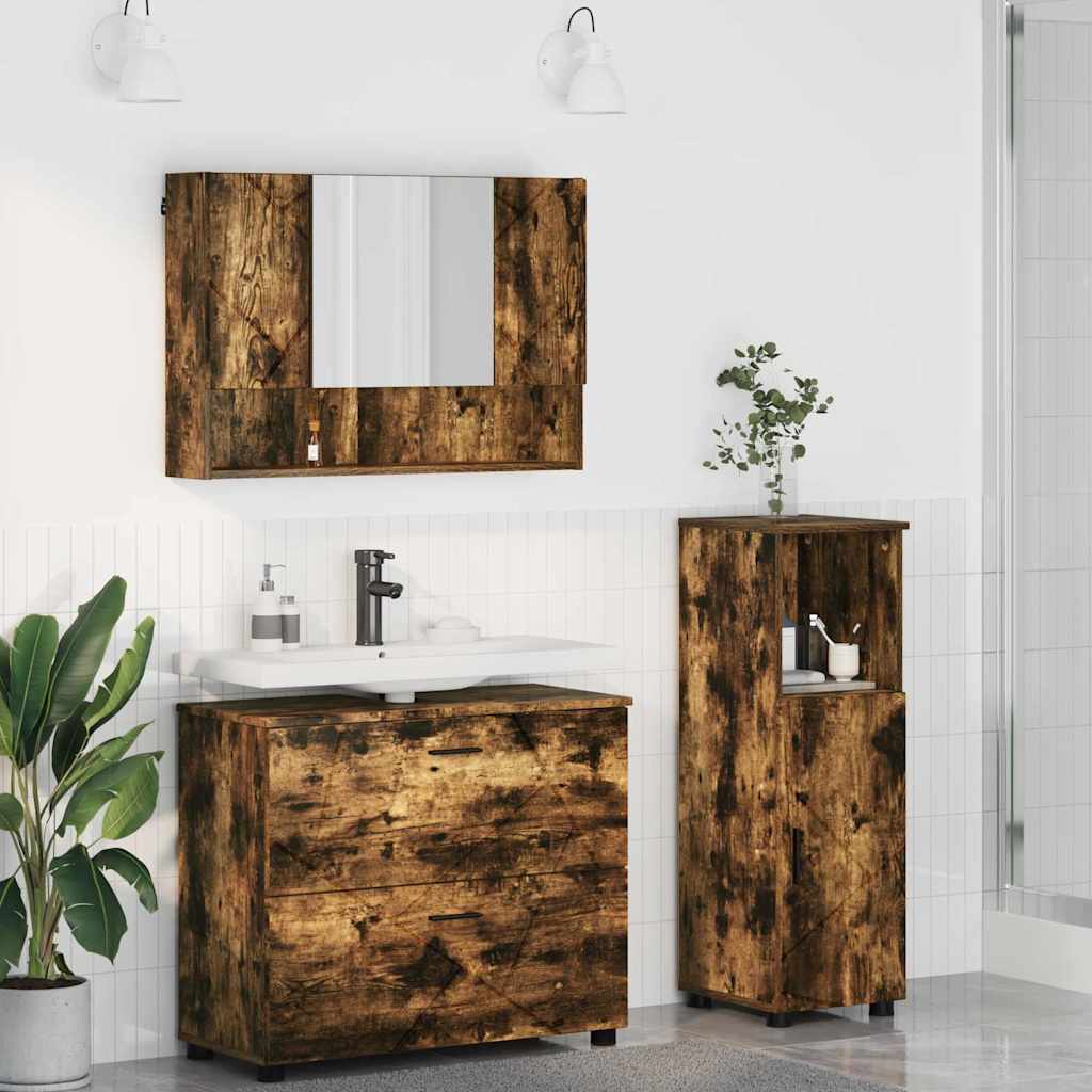 Badezimmermöbel-Set 3 Stk. Räuchereiche Sperrholz und Metall