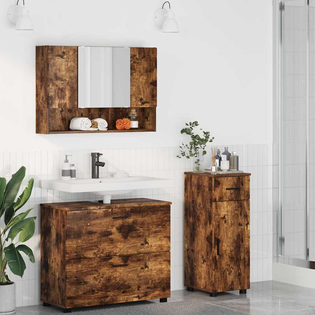Badezimmermöbel-Set 3 Stk. Räuchereiche Sperrholz und Metall