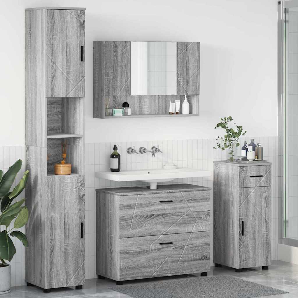 Badezimmermöbel-Set 4 Stk. Sonoma-Grau Sperrholz und Metall