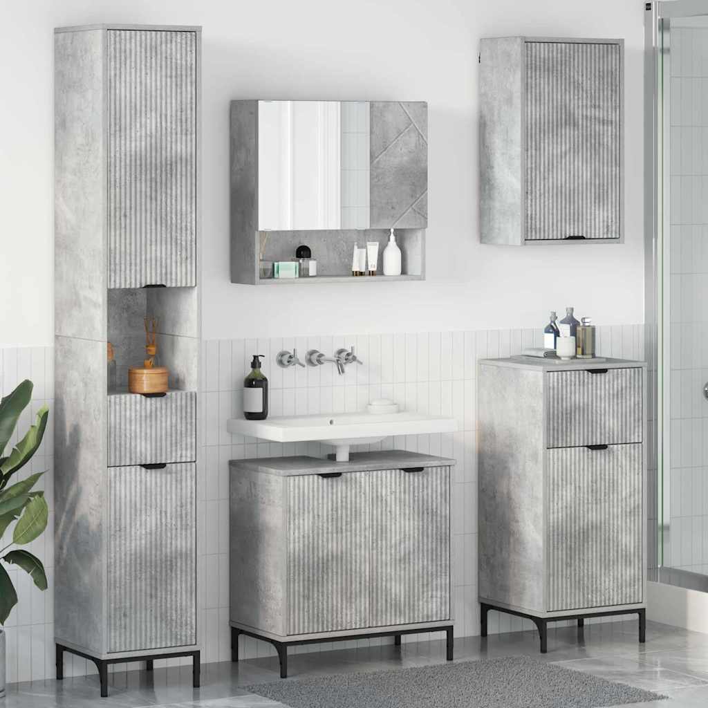Badezimmermöbel-Set mit Tür Beton Grau Holzwerkstoff, Metall