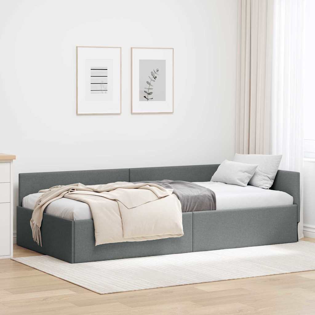 Eckbettgestell mit Kopfteil Dunkelgrau 90 cm x 200 cm Stoff
