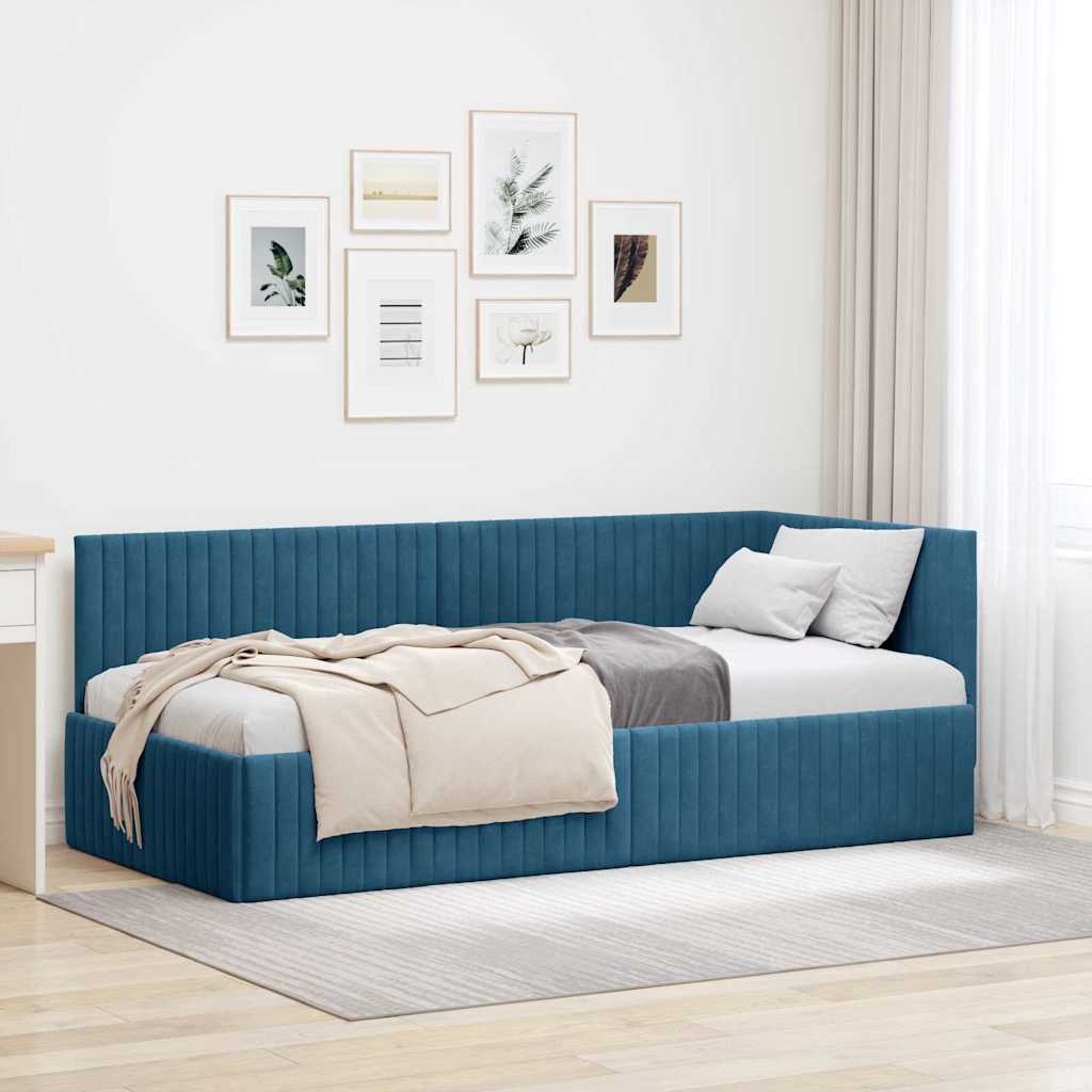 Eckbettgestell mit Kopfteil Blau 90 cm x 190 cm Samt