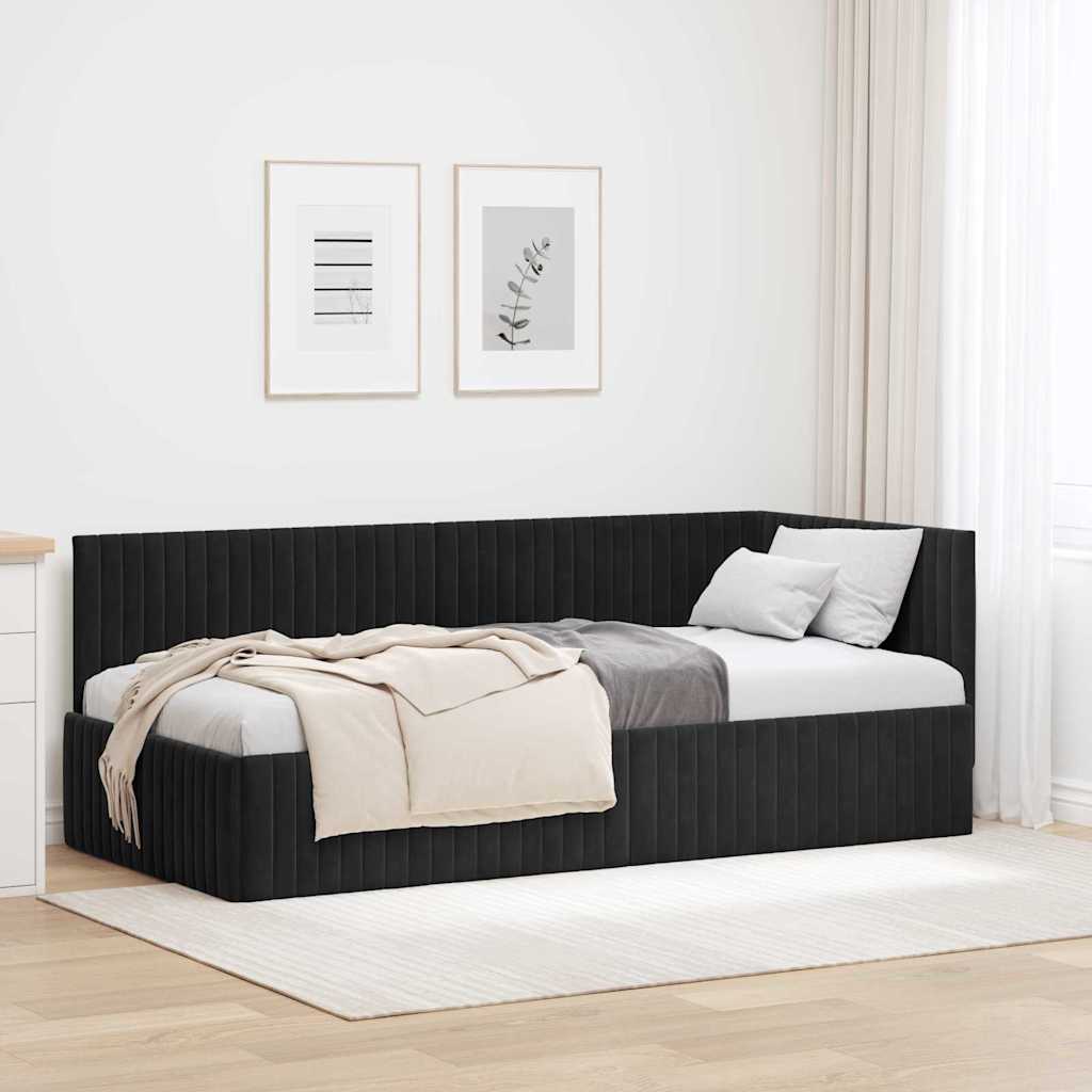 Eckbettgestell mit Kopfteil Schwarz 90 cm x 190 cm Samt