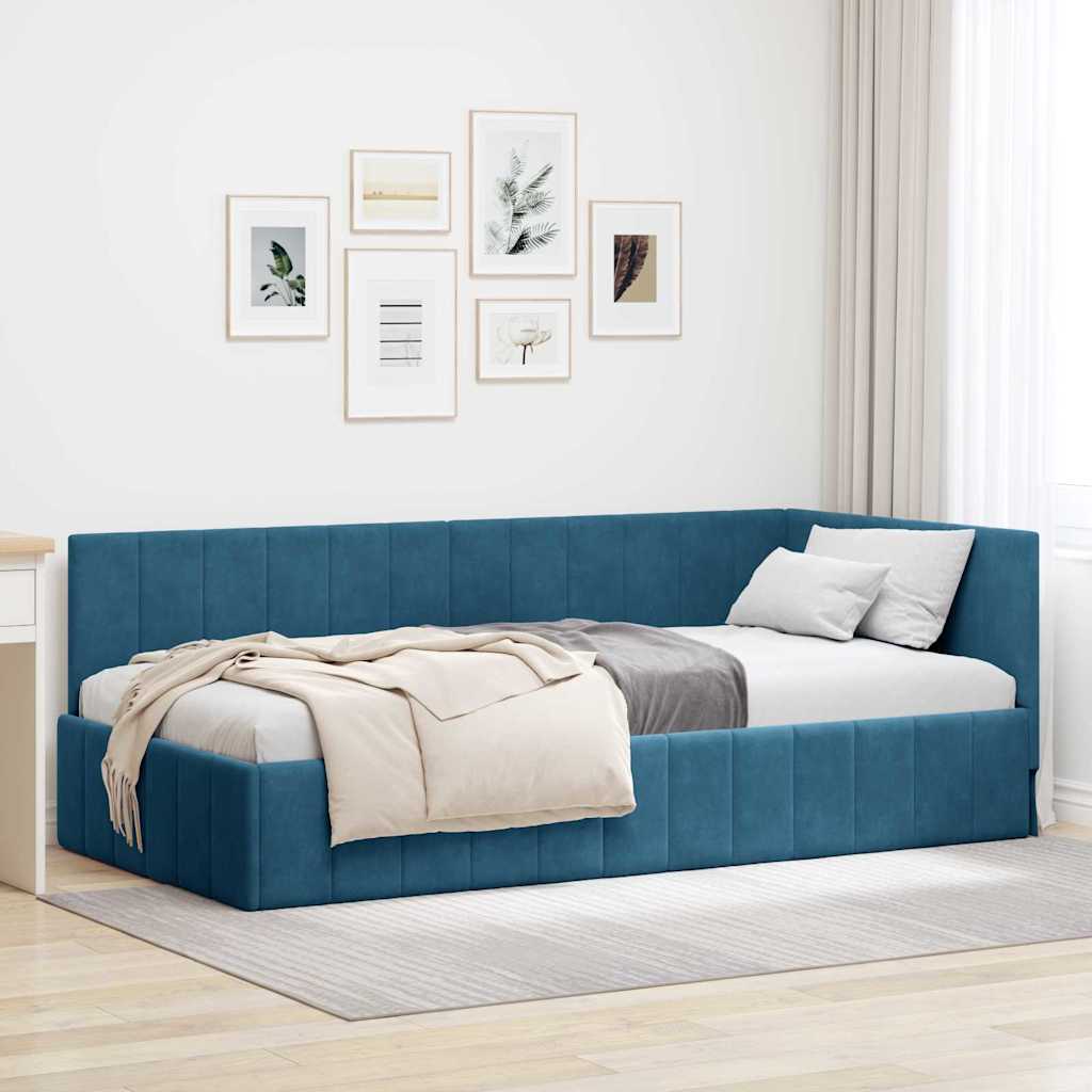 Eckbettgestell mit Kopfteil Blau 90 cm x 190 cm Samt