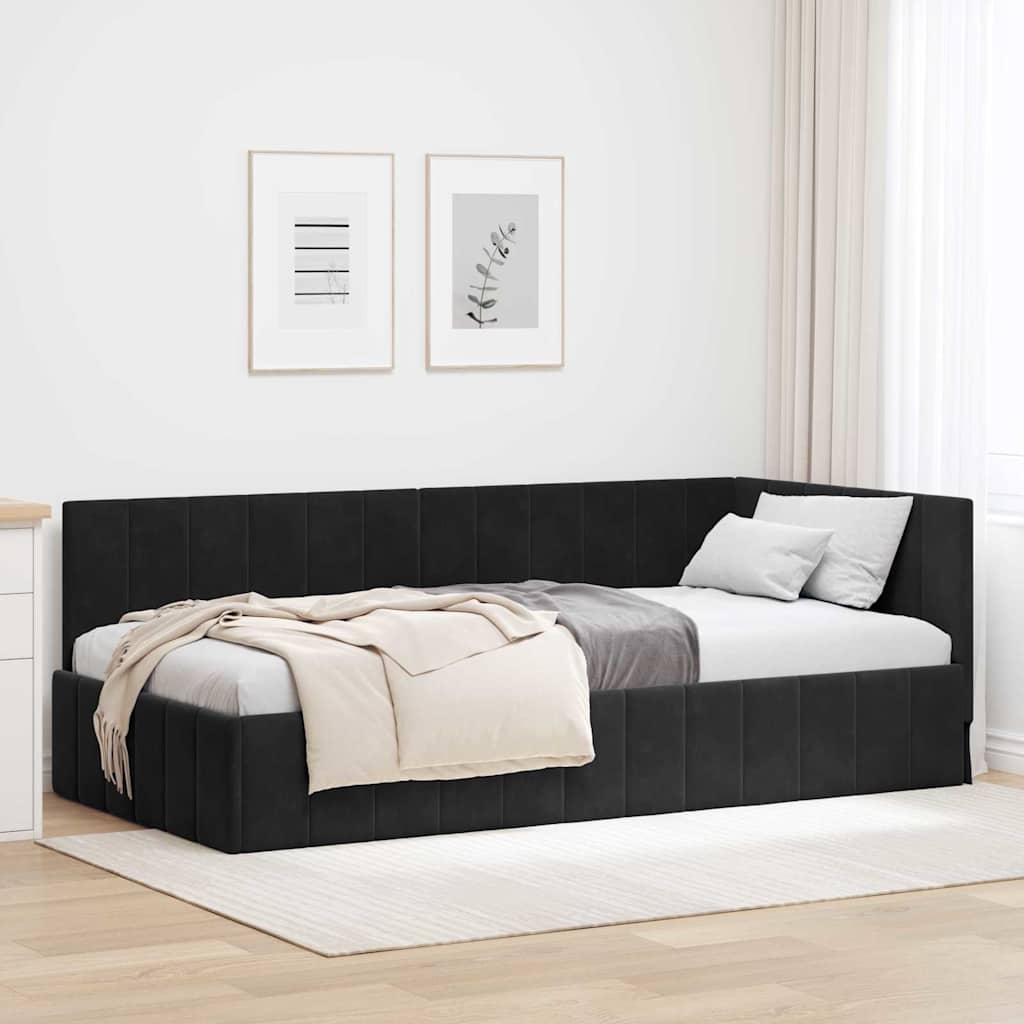 Eckbettgestell mit Kopfteil Schwarz 90 cm x 200 cm Samt