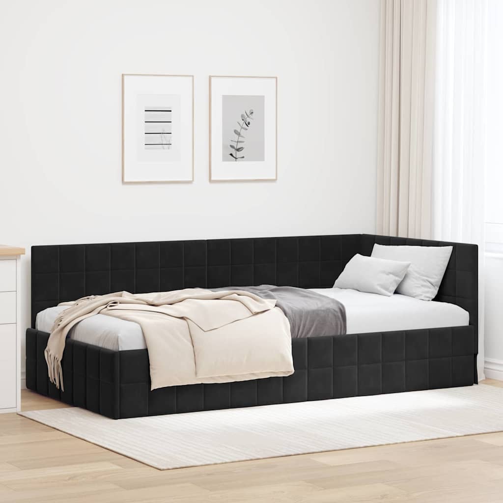 Eckbettgestell mit Kopfteil Schwarz 90 cm x 190 cm Samt