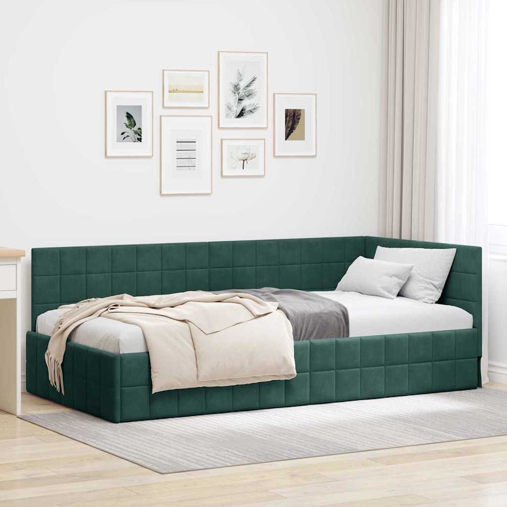 Eckbettgestell mit Kopfteil Dunkelgrün 90 cm x 200 cm Samt