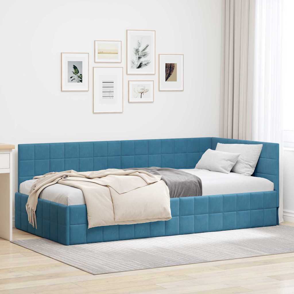 Eckbettgestell mit Kopfteil Blau 100 cm x 200 cm Samt