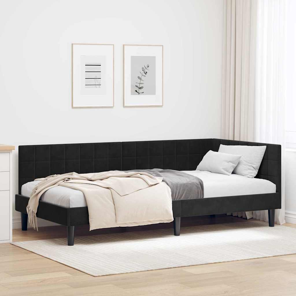 Eckbettgestell mit Kopfteil Schwarz 90 cm x 200 cm Samt