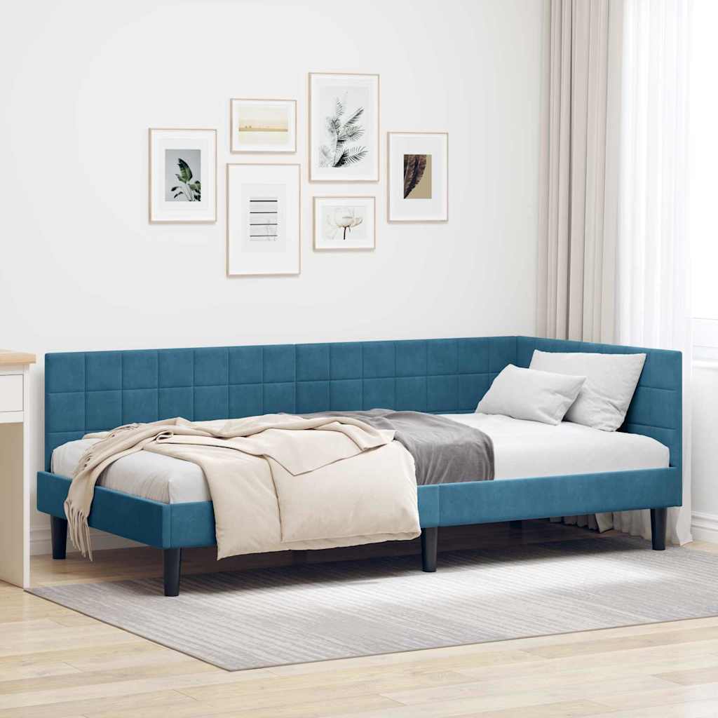 Eckbettgestell mit Kopfteil Blau 100 cm x 200 cm Samt