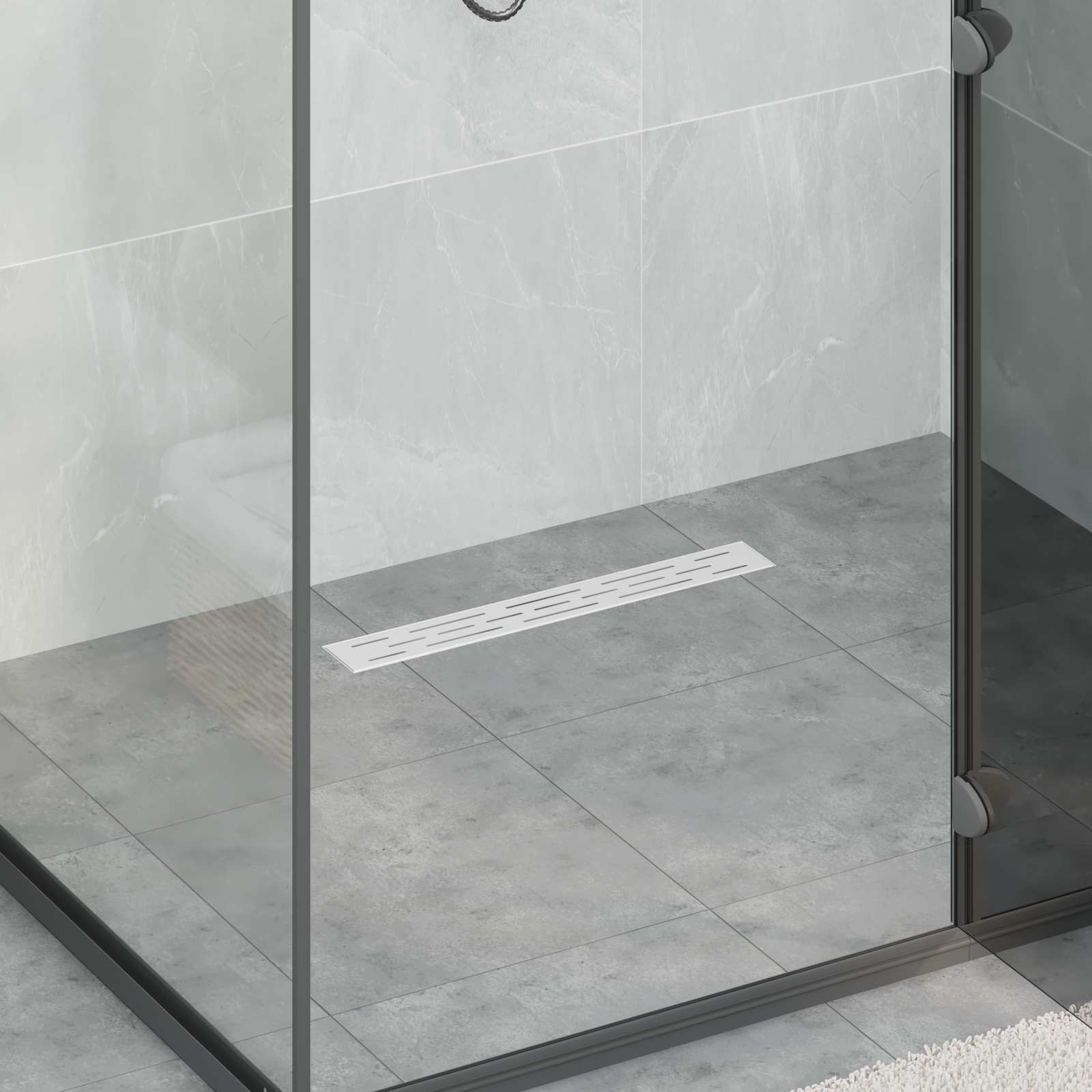 Duschabfluss im Liniendesign mit 360° Siphon Silber 50 cm