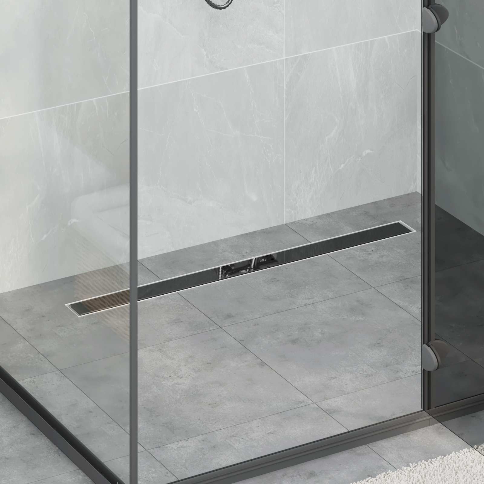 Duschabfluss mit Glashülle und 360° Siphon Schwarz 90 cm
