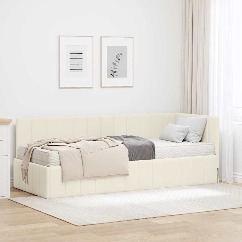 Eckbettgestell mit Matratze mit Kopfteil 2 stk. Creme Samt