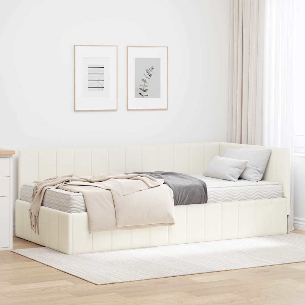 Eckbettgestell mit Matratze mit Kopfteil 2 stk. Creme Samt