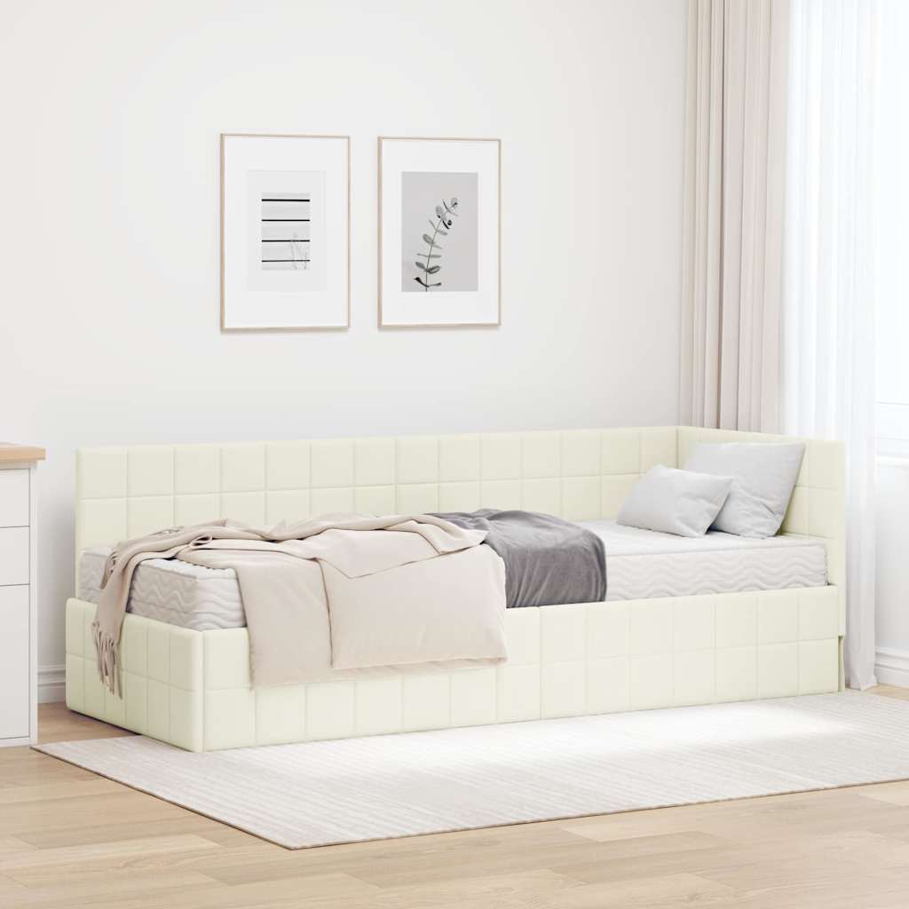 Eckbettgestell mit Matratze mit Kopfteil 2 Stk. Creme Samt