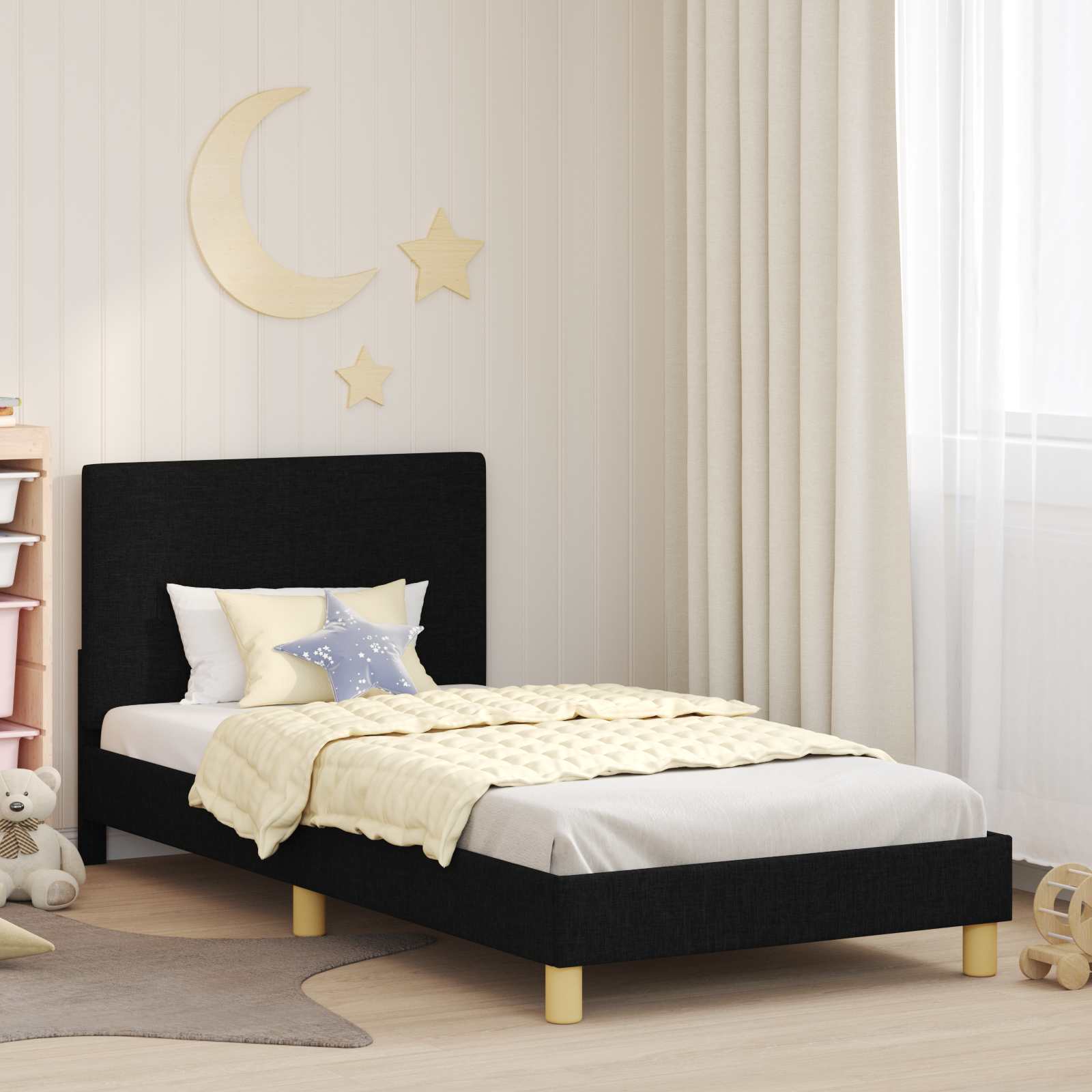 Kinderbettgestell mit Kopfteil Schwarz 90 x 190 cm Stoff