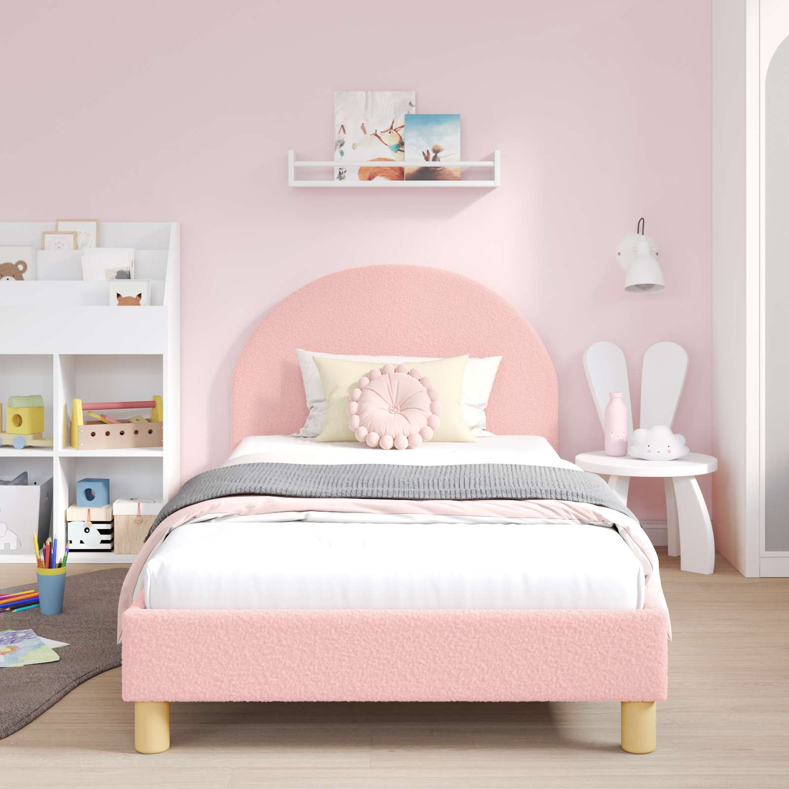 Kinderbettgestell mit Kopfteil Rosa 90 x 190 cm Bouclé