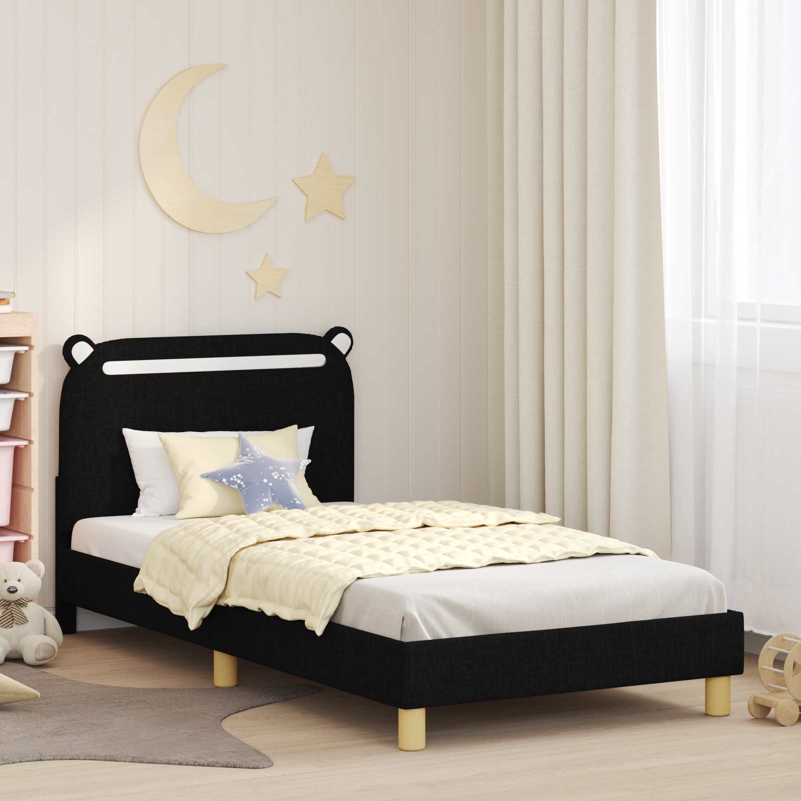 Kinderbettgestell mit Kopfteil Schwarz 90 x 190 cm Stoff