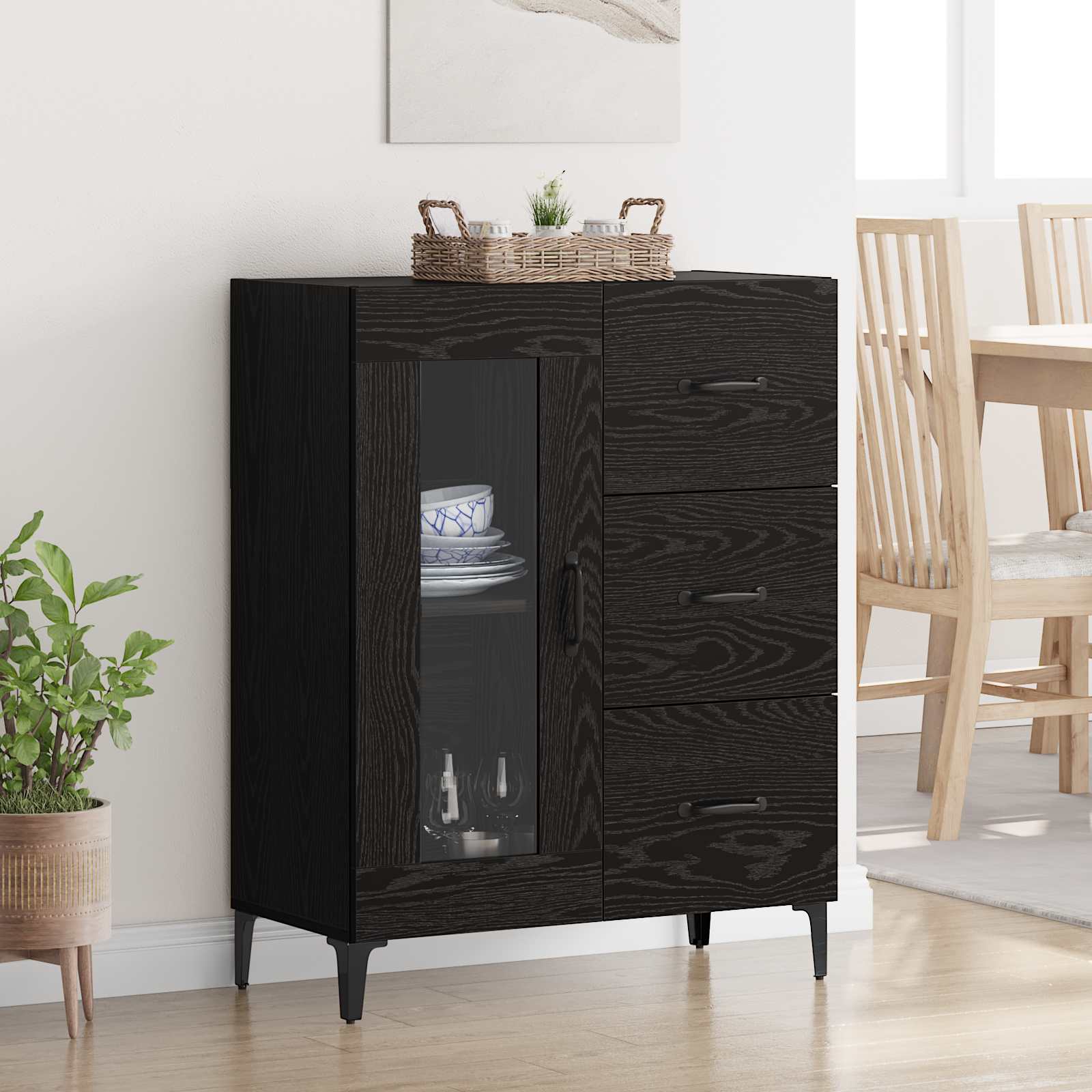 Sideboard mit Schubladen Schwarz Eichen-Optik 69,5 x 34 x 90 cm