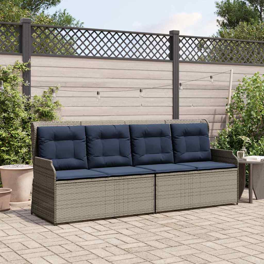 Gartenbank mit Kissen Grau und Marineblau Poly-Rattan