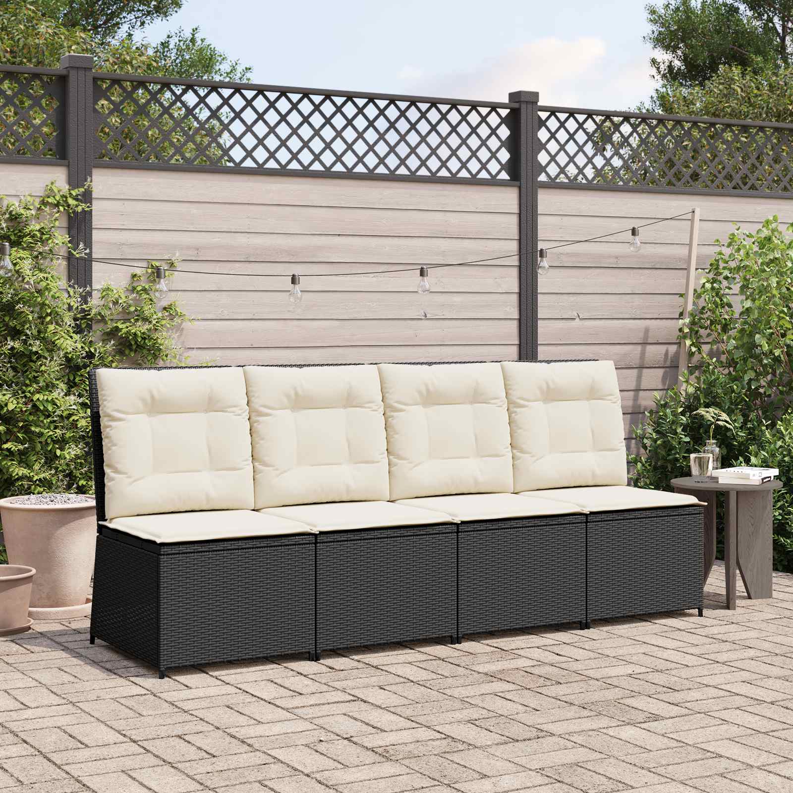 Garten-Sofa mit Kissen Schwarz und Cremeweiß Poly-Rattan