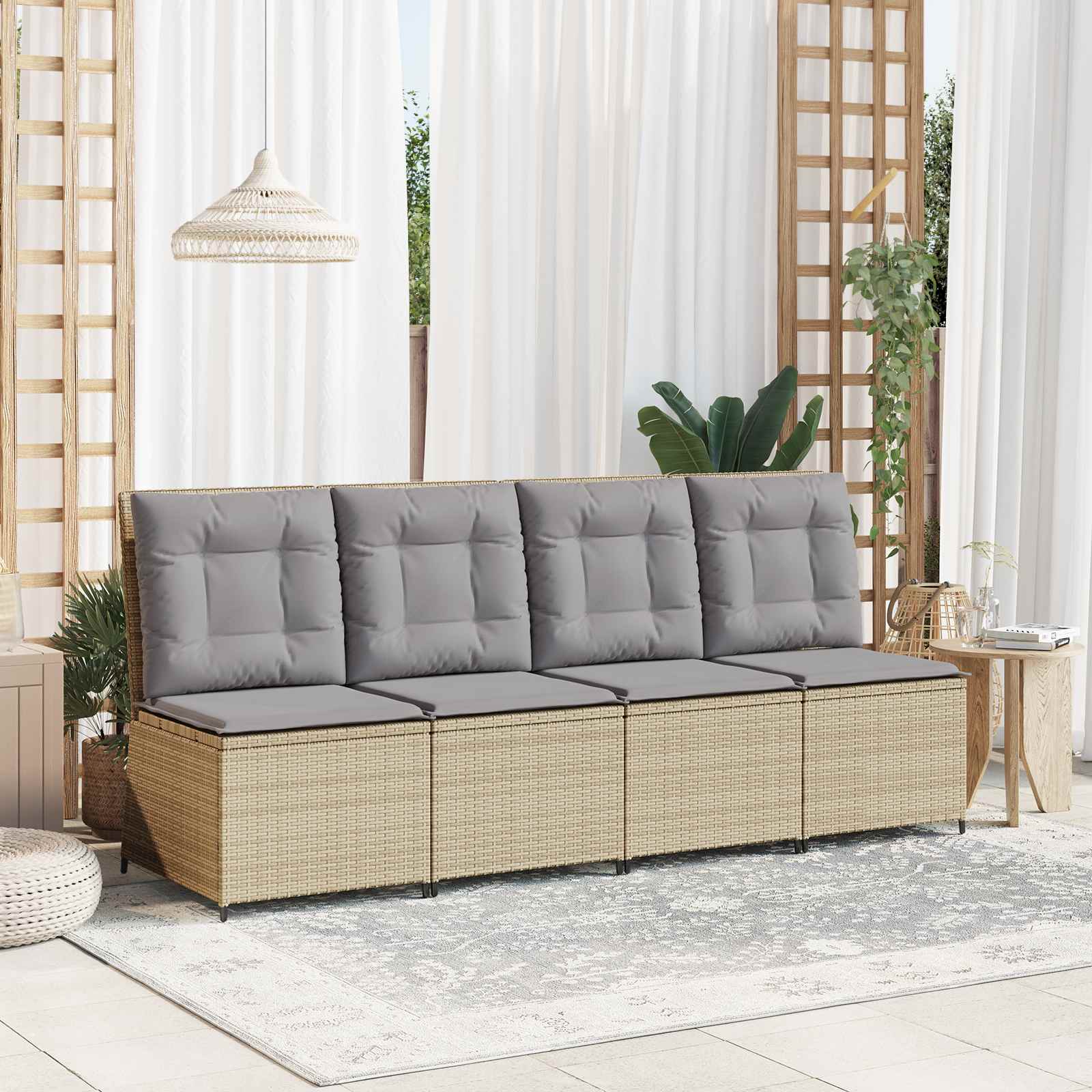 Garten-Sofa mit Kissen Beige und Grau Poly-Rattan