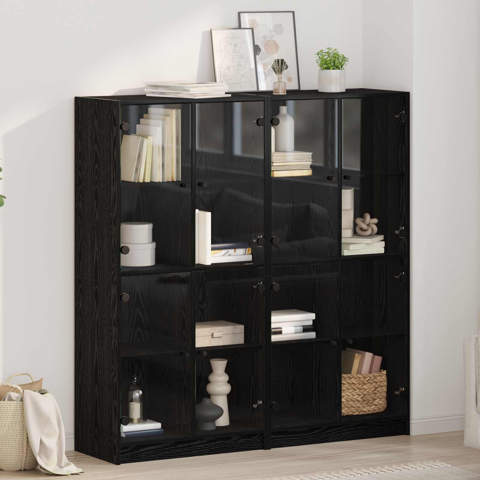 Highboard 2 stk. Schwarz Eichen-Optik 68 x 37 x 142 cm